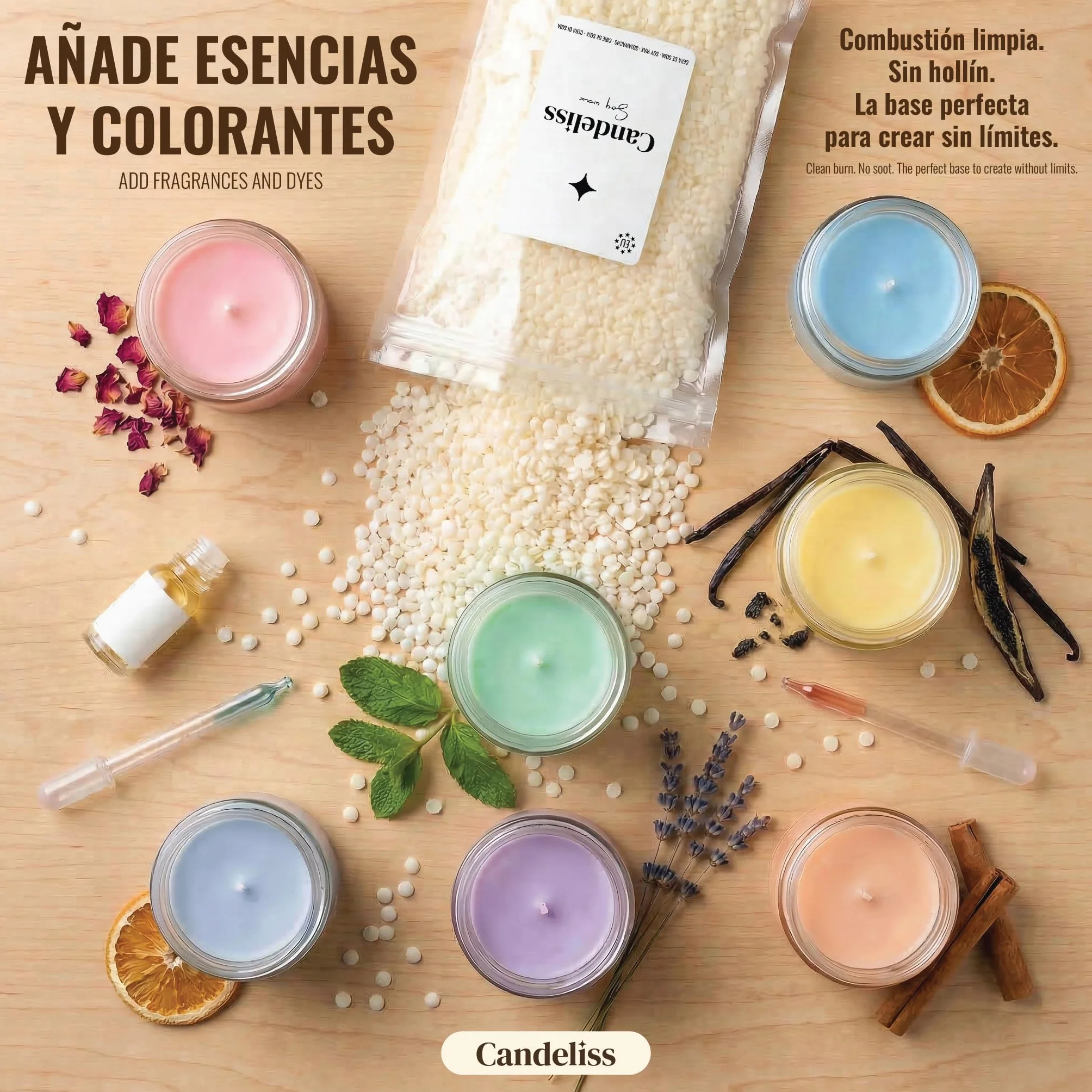 CANDELISS Cera para velas en Vaso 2kg. Cera de soja bajo punto de fusion para hacer velas caseras 2kg Material hacer velas blancas aromaticas color Soy candle wax candle making (2kg)