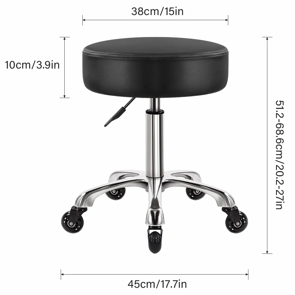 WKWKER Taburete de belleza resistente con ruedas giratorias ajustables de cuero grueso para cocina, redacción, laboratorio, oficina, masajes, negro