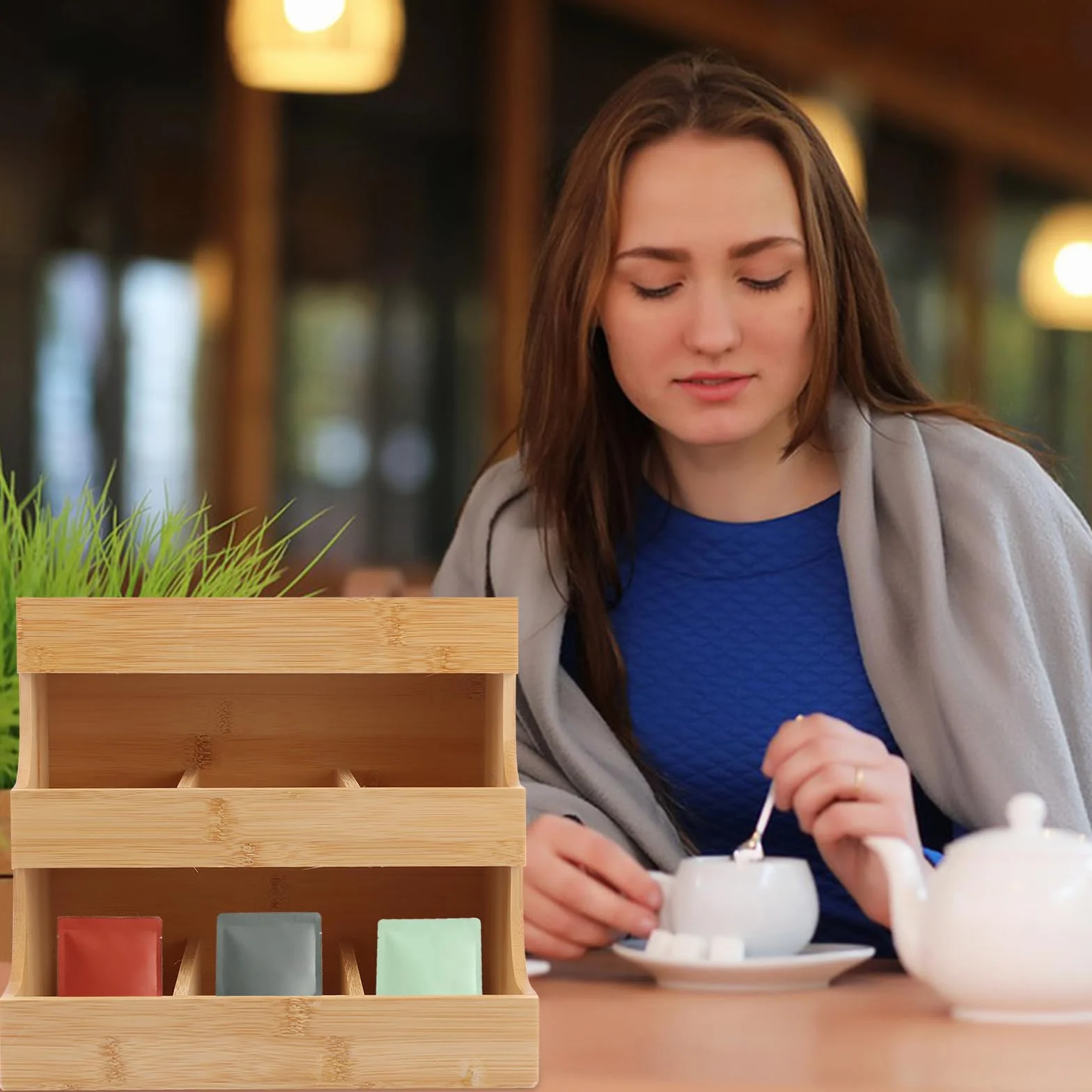 26 x 17 x 24 cm Organizador de bolsas de té de bambú, caja de té de madera con 9 compartimentos de almacenamiento, soporte para bolsas de té de bambú, almacenamiento de té, organizador vertical