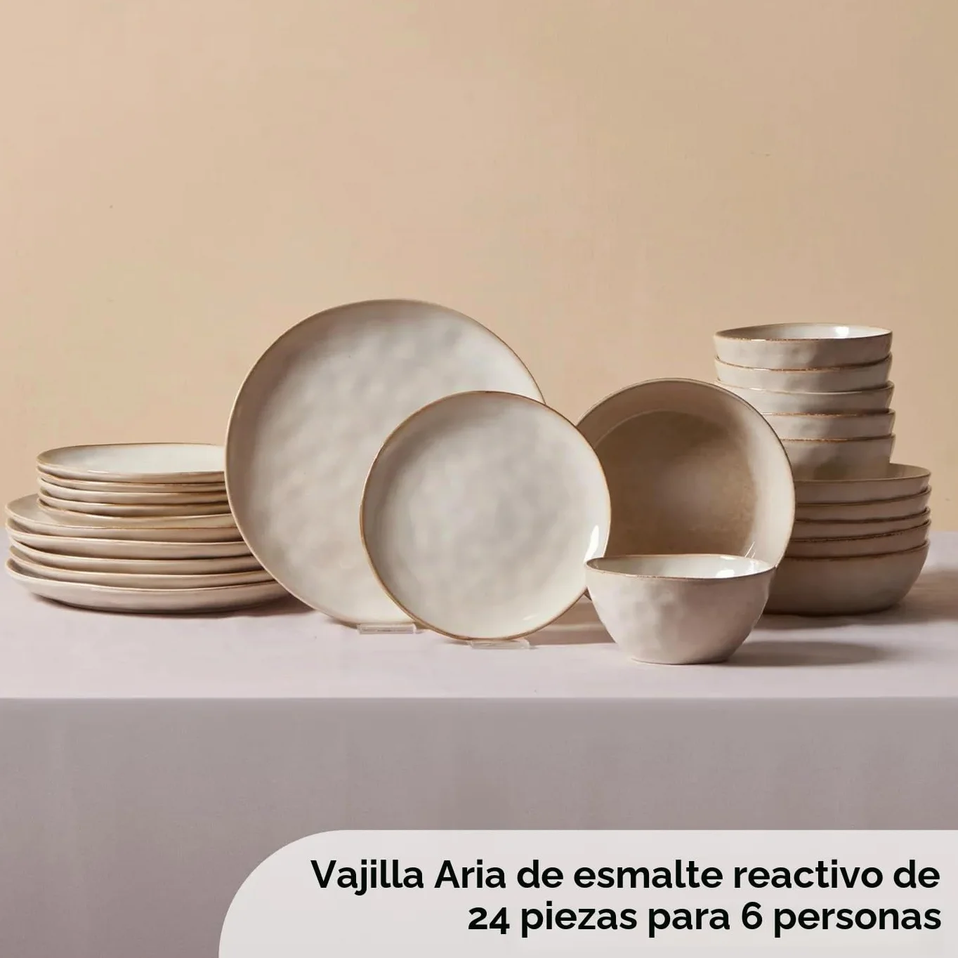 Karaca Aria - Juego de vajilla de cerámica de 24 piezas, juego de platos y cuencos para 6 personas, vajilla de esmalte reactivo con platos laterales y llanos, cuencos para pasta/cereal/sopa (beige)