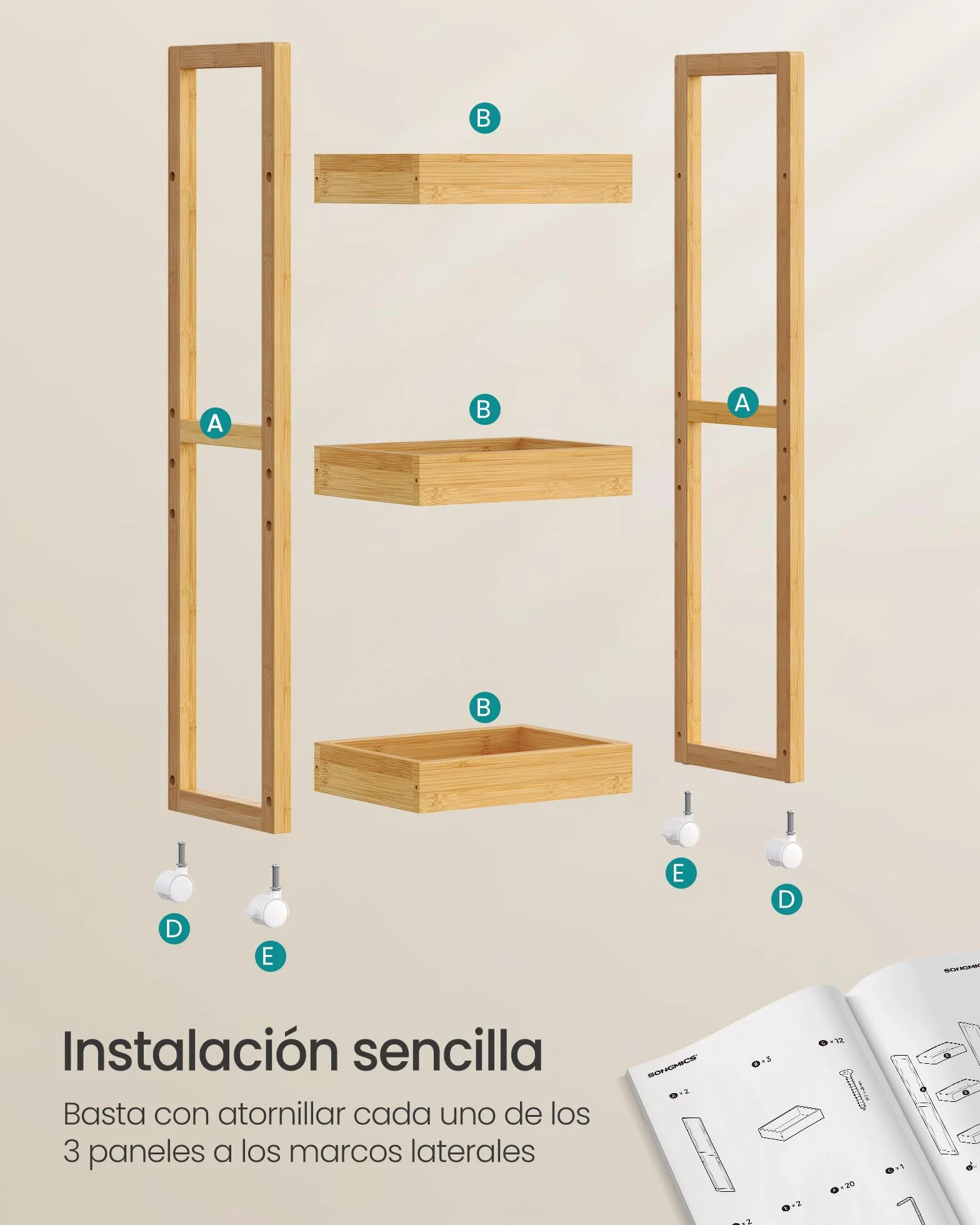 SONGMICS Carrito de Baño 3 Niveles Bambú Estrecho con Ruedas 20x30x80 cm Beige Natural