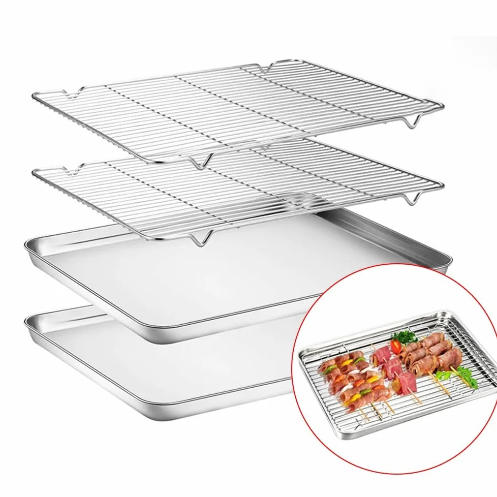 ACiyD Bandeja de Acero Inoxidable para Horno Bandeja para Galletas con Rejilla Utensilios para Hornear (23x17x2,5 cm)