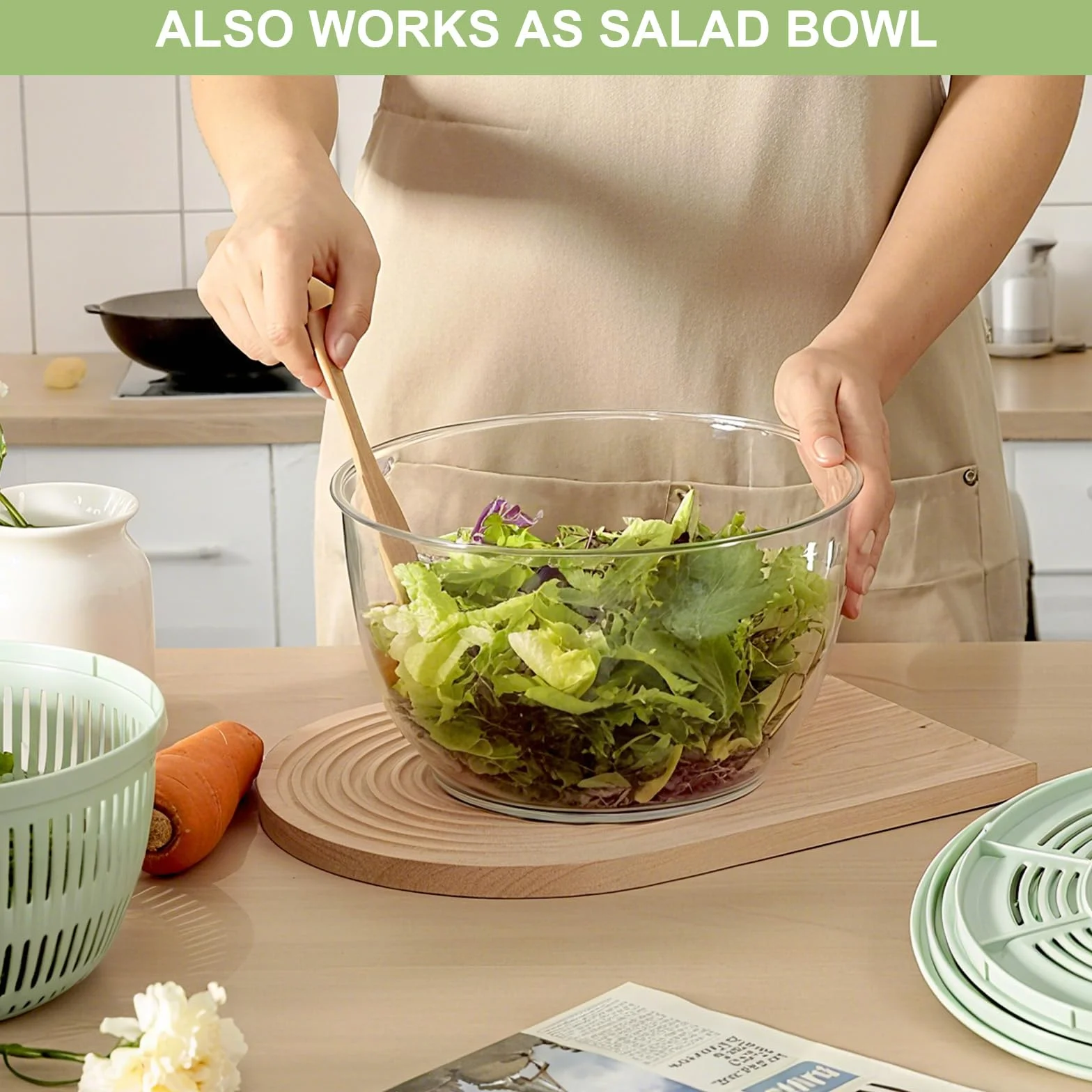 VINATO Centrifugadora Lechuga 4,5L, Mandolina de Cocina Multiusos, Escurridor Verduras para Lavar, Centrifugar y Cortar. Ensaladera con 5 Cuchillas + 1 Accesorio para Zumos.