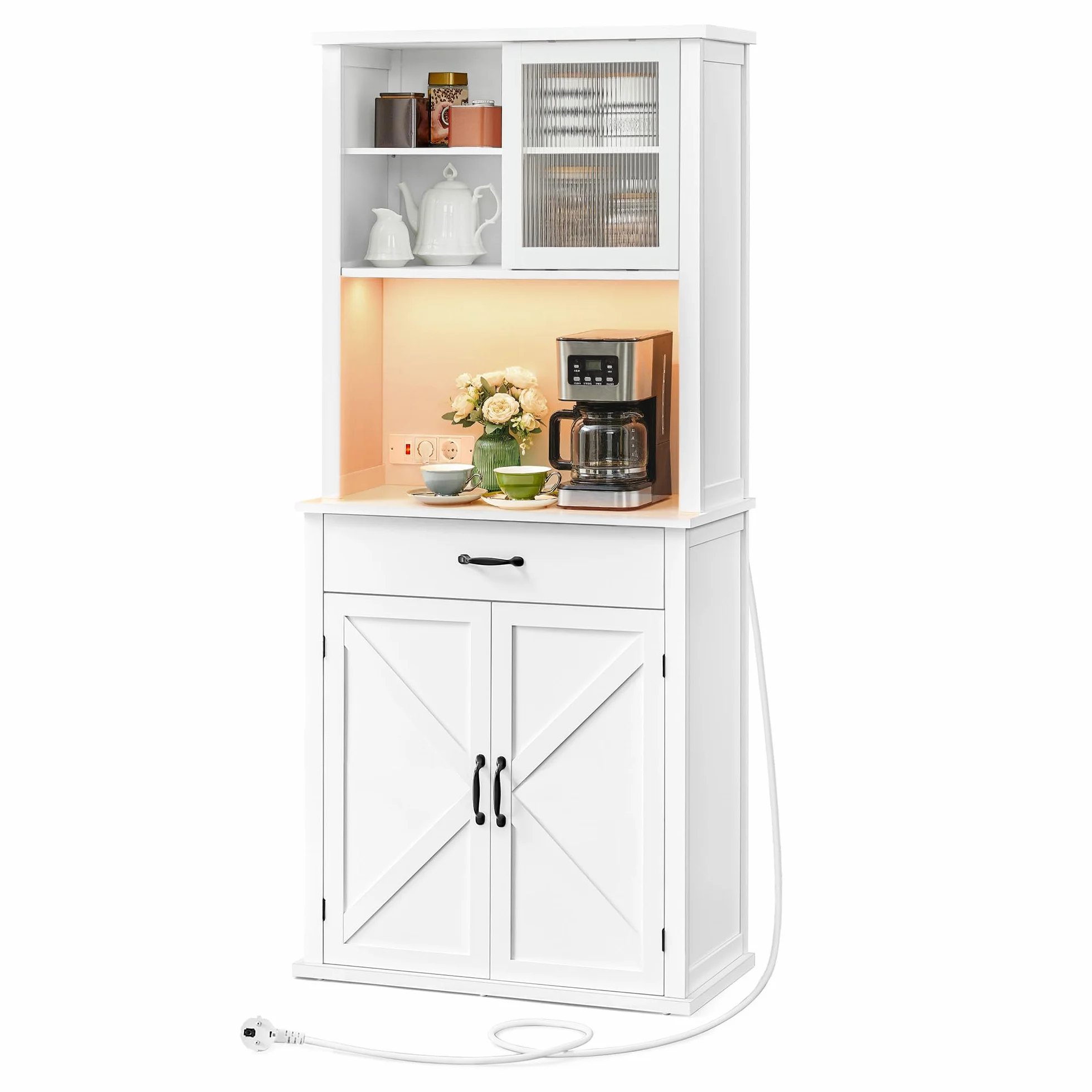 VASAGLE Armario con Luces y Cargador, Armario de Cocina, con Puertas y Cajones, 39,5 x 80,4 x 180,6 cm, Estantes Ajustables, Estilo Rústico, Blanco Nube BBK363W21