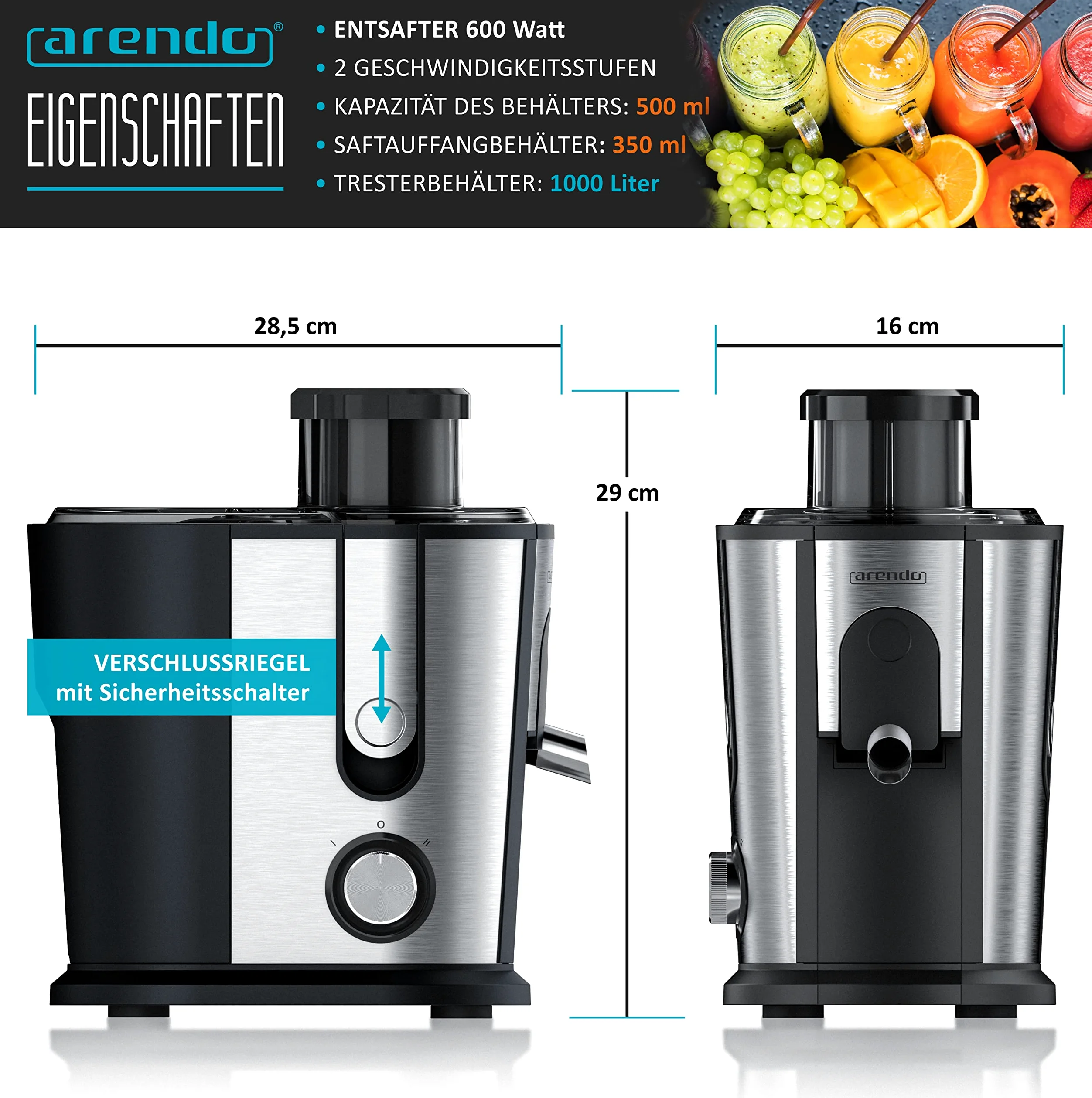 arendo - Exprimidor de Frutas y Verduras en Acero Inoxidable, Extractor centrífugo de zumos, eléctrico, con 2 velocidades, protección contra sobrecalentamiento, Carcasa de Acero Inoxidable, sin BPA