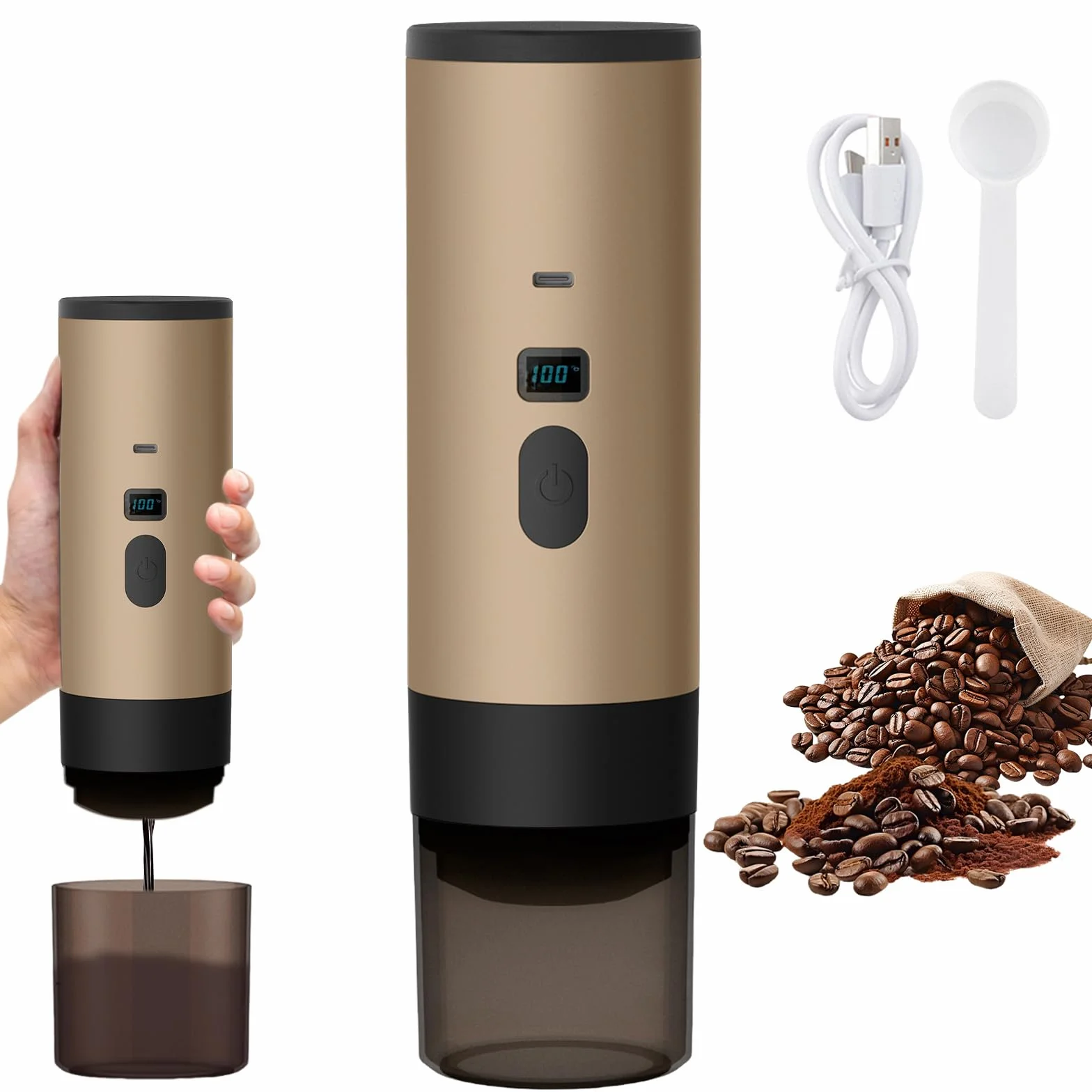 Cafetera portátil 3 en 1 de 72 W, portátil recargable, compatible con cápsulas de café expreso y café molido, cafetera de café expreso para oficina, camping, coche, viaje (champán)