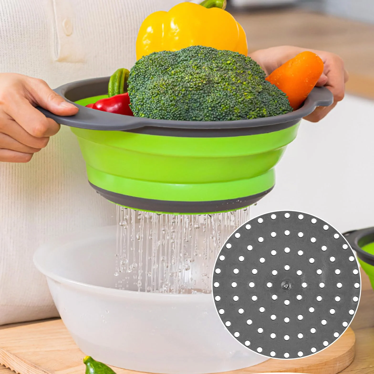 Newpop 2 Piezas Colador de Cocina, 2 Tamaños Escurridor Plegable, Colador Plegable Silicona, Fácil de Limpiar Escurridor de Verduras para Escurrir Pasta, Frutas, Verduras (Verde 25+29Cm)