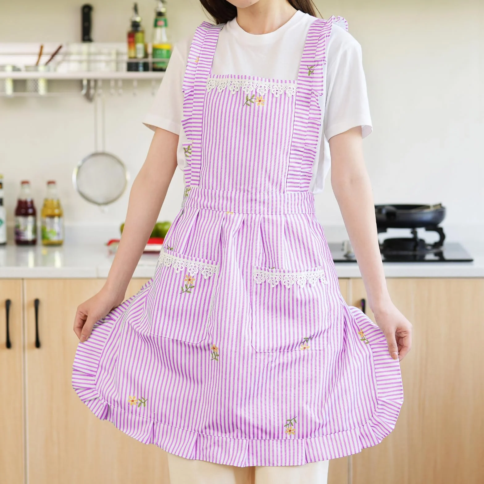Delantales divertidos para mujer con bolsillos, para cocina, parrilla, barbacoa, lindo delantal de chef, día de la madre, regalos de cumpleaños para mujeres, Rosa/Rayas, M