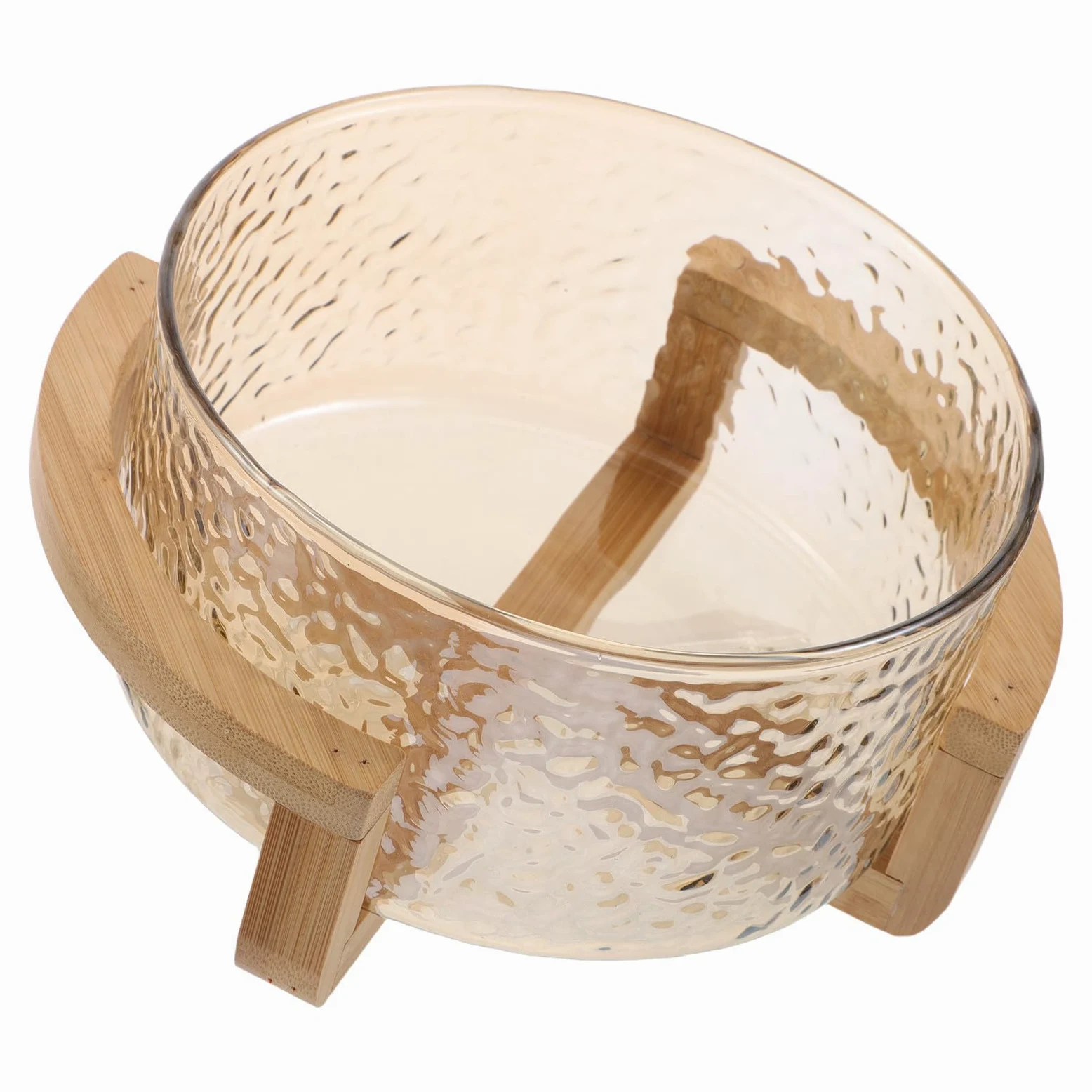 Bol de Ensalada de Vidrio con Efecto de Ondas de Agua y Soporte Seguro de Bambú Dorado, Elegante y Funcional para Uso Diario y Fiestas, Tamaño 21x17.5x10cm