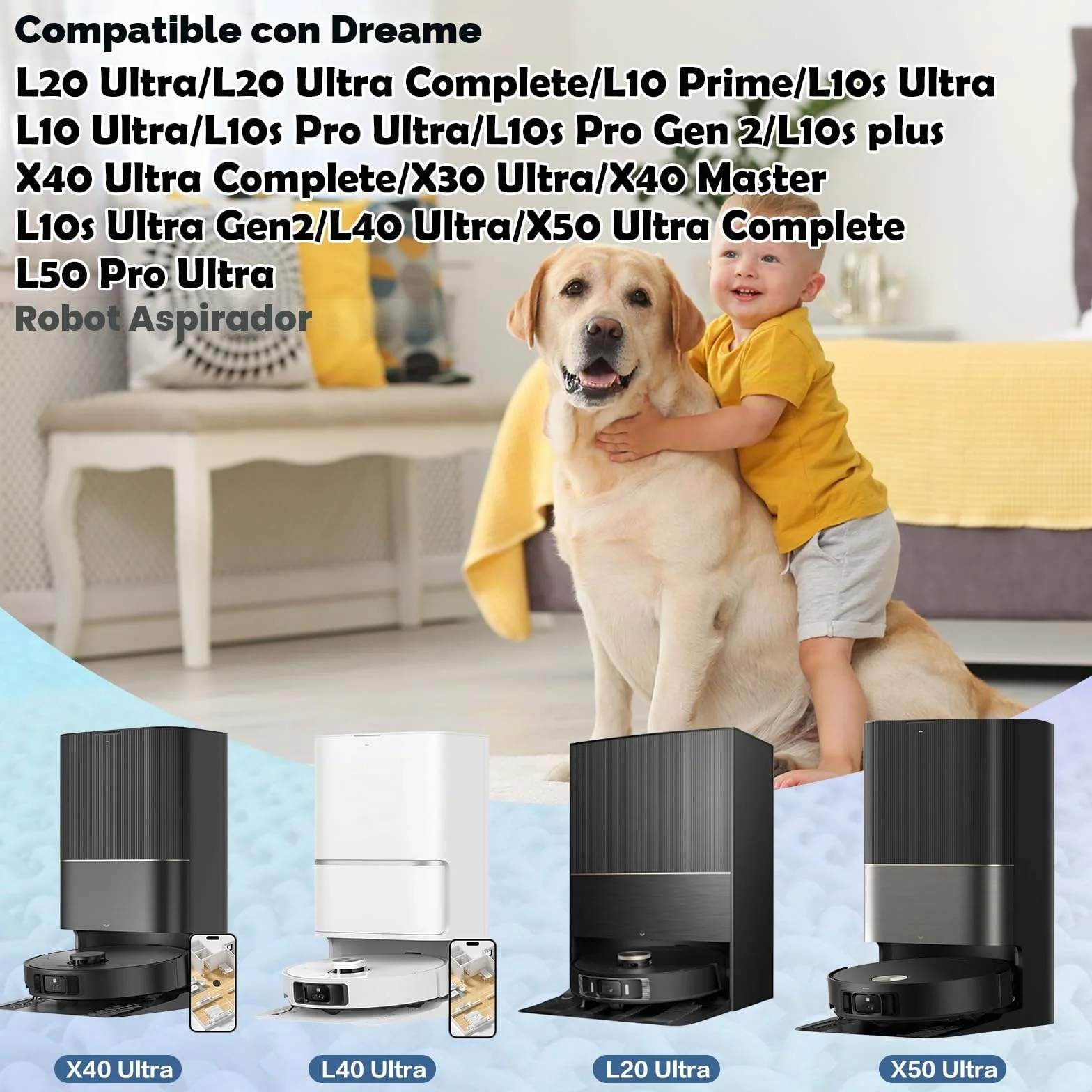 8 Mopas de Fregado para Dreame L10s Ultra Gen 3/Gen 2/L10/L20/X40/X50/L40/AE/L50/L50S/L40S Pro Ultra/Complete, Mova E30/E40/P50/V50 Ultra Robot Aspirador, Recambios Reutilizable y Lavable