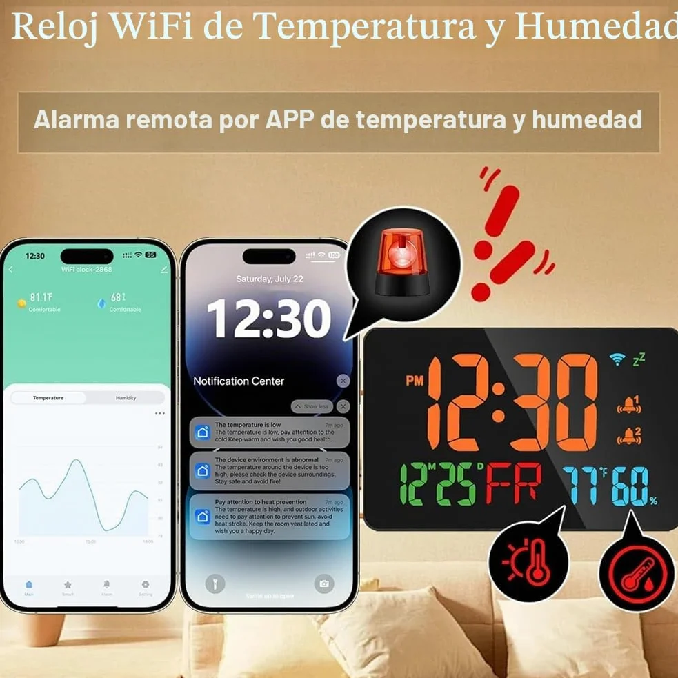 Reloj Despertador Digital con WiFi, Letras Extra Grandes, Temperatura y Humedad, Calendario, Semana, B