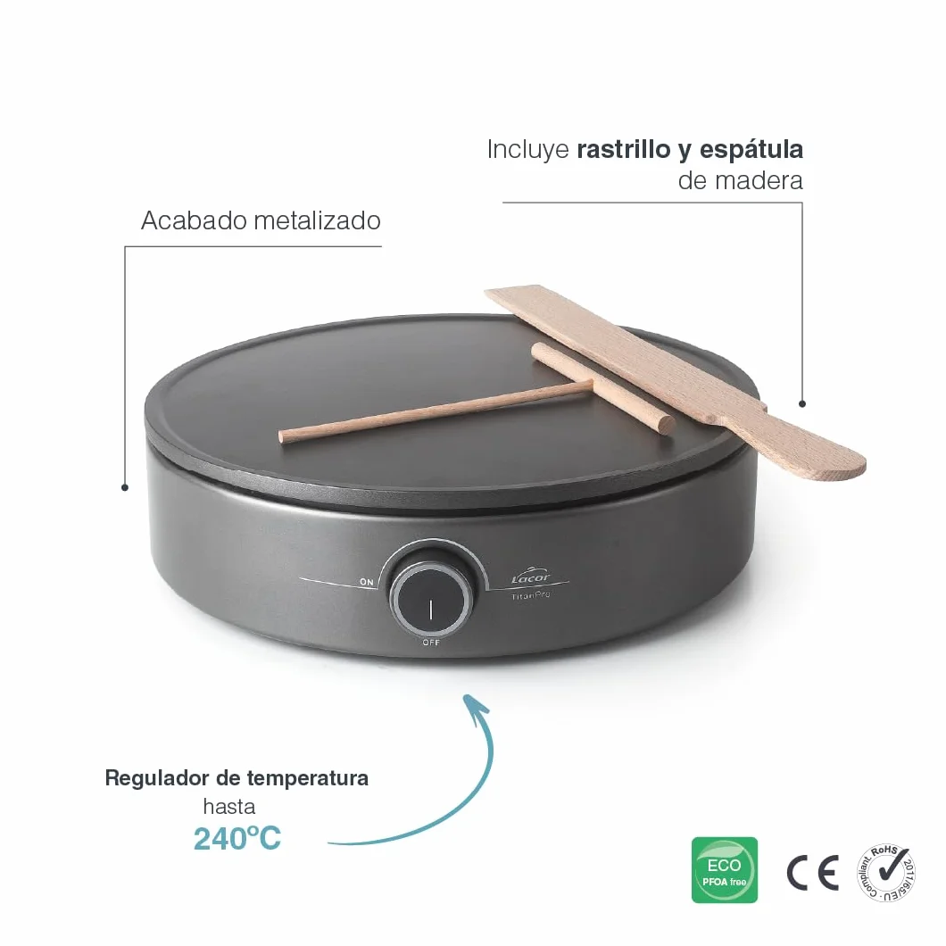 Lacor - 69433 - Crepera Eléctrica 1500W, Creps XL, Termostato Regulable, Indicador Luminoso, Incluye Rastrillo y Espátula de madera, Eco y 100% libre de PFOA, Placa Ø33 cm