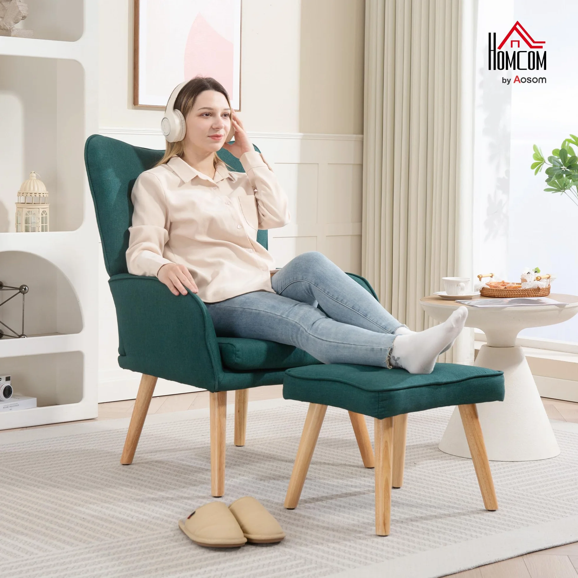 HOMCOM Sillón con Reposapiés Sillón Lectura con Respaldo Alto Capitoné Asiento Amplio Patas de Madera y Tapizado en Lino Butaca para Salón Dormitorio Oficina Verde Oscuro