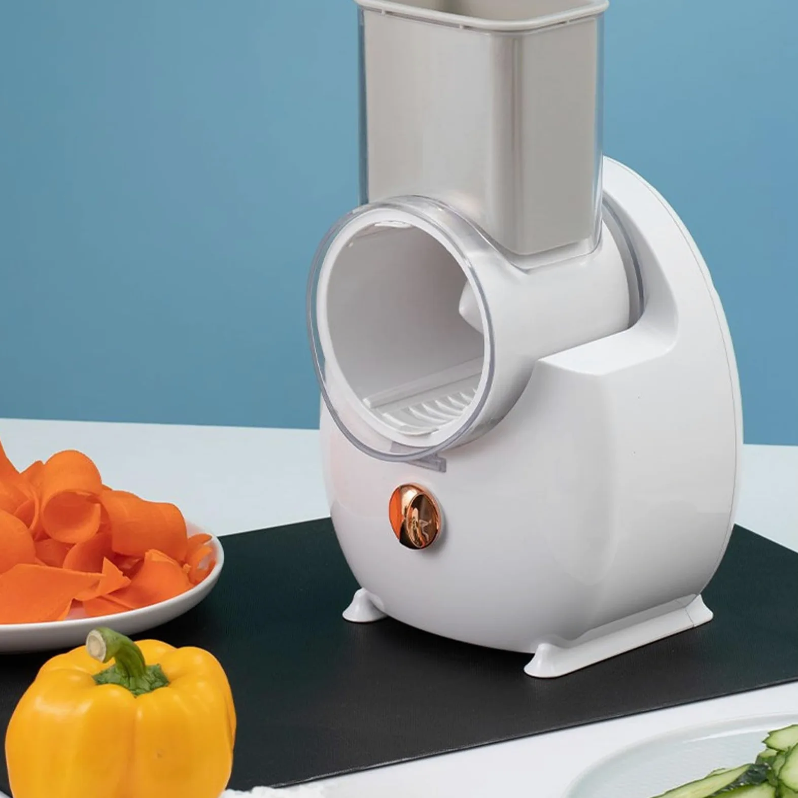 Rallador Eléctrico Eficiente y sin Esfuerzo, Acero Inoxidable, Operación con unToque, Diseño Versátil para Frutas, Verduras, Quesos con Batería, Ideal para Cocina Casera,