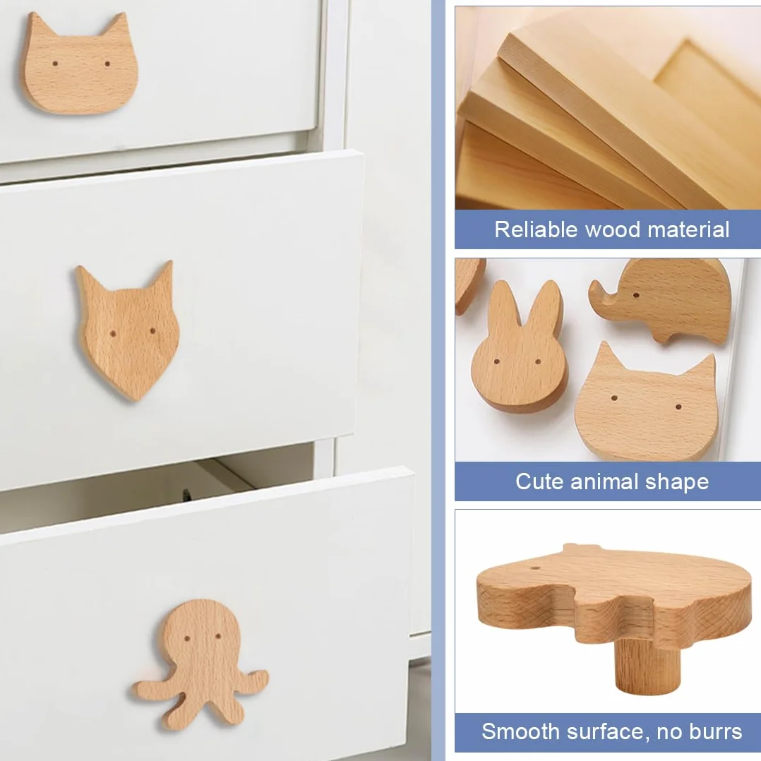 12PCS Tiradores de Armarios Infantiles, Pomos de Madera Infantiles con Forma de Animales para Muebles, Pomos Infantiles para Cajones con Tornillos para Cajones, Armarios, Cómoda