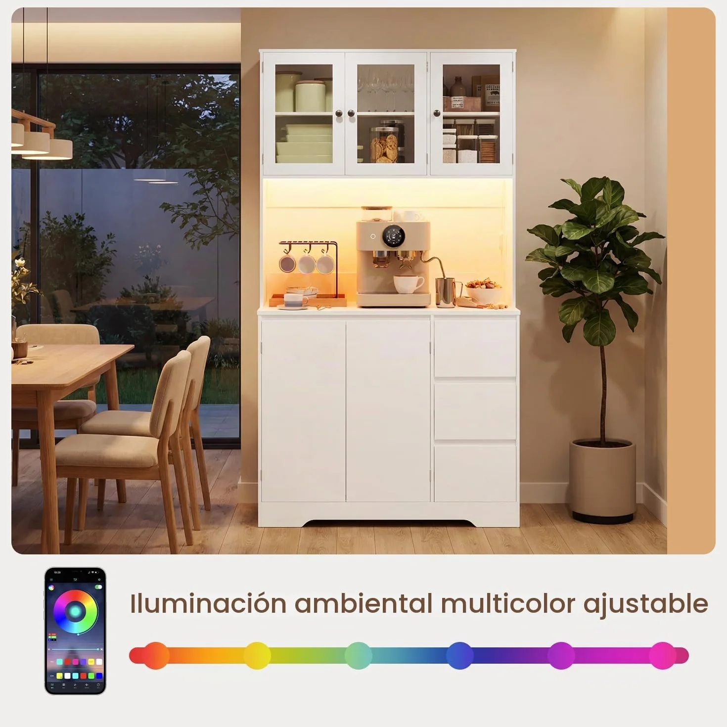 Xbro Alacena de Cocina con LED y Placa Perforada, Armario Cocina con 5 Puertas y 3 Cajones,Armario Cocina Almacenaje para Cocina, Comedor, Salón, 100 x 40 x 180 cm, Blanco