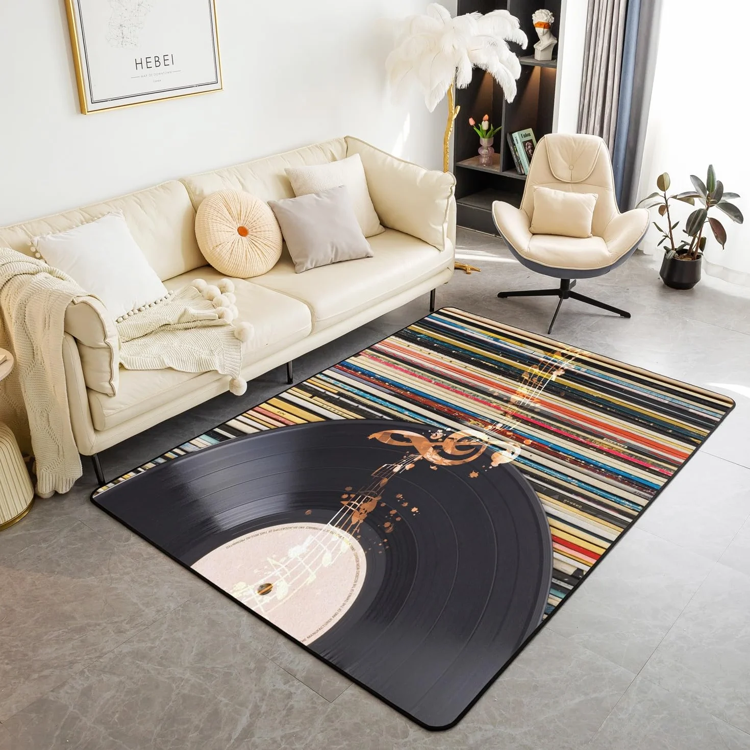 Alfombra decorativa de álbum musical de 150 x 200 cm, para niños, adolescentes, álbum vintage, sala de estar, tema de música, marrón, negro, tapete para interiores, decoración de habitación