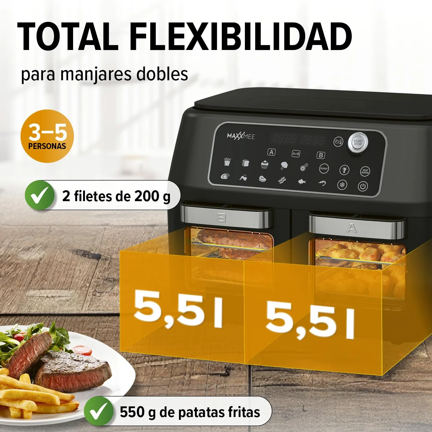 MAXXMEE Freidora de aire caliente de doble cámara 11 l | Combinación inteligente de horno de aire caliente, parrilla y freidora con 2 compartimentos XXL de 5,5 litros cada uno | Panel de control