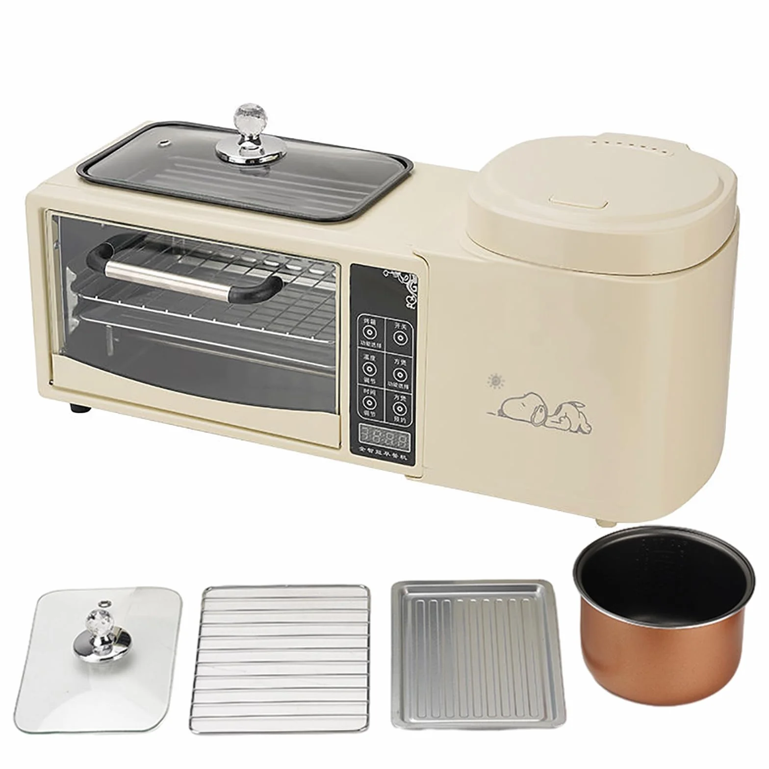 Estación de Desayuno 4 en 1, Máquina Para Hacer Desayuno Inteligente Multifunción con Horno de 2 Capas, Vaporera Eléctrica de 1 Litro y Sartén Eléctrica, Control de Temperatura Independiente, D white