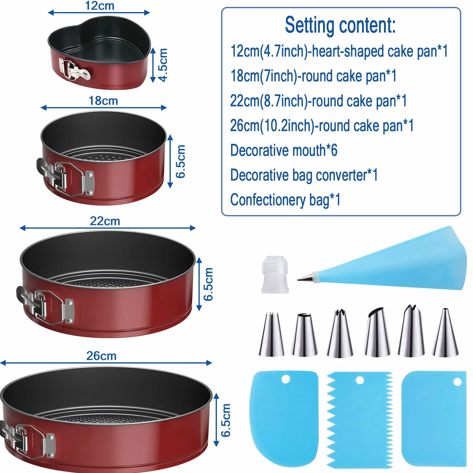Molde Desmontable de Repostería 4 Piezas, Capa Revestimiento Desmontable Antiadherente, Redondos Moldes para Pasteles 12/18/22/26 cm con Boquillas para Manga Pastelera Set, Raspadores Tartas