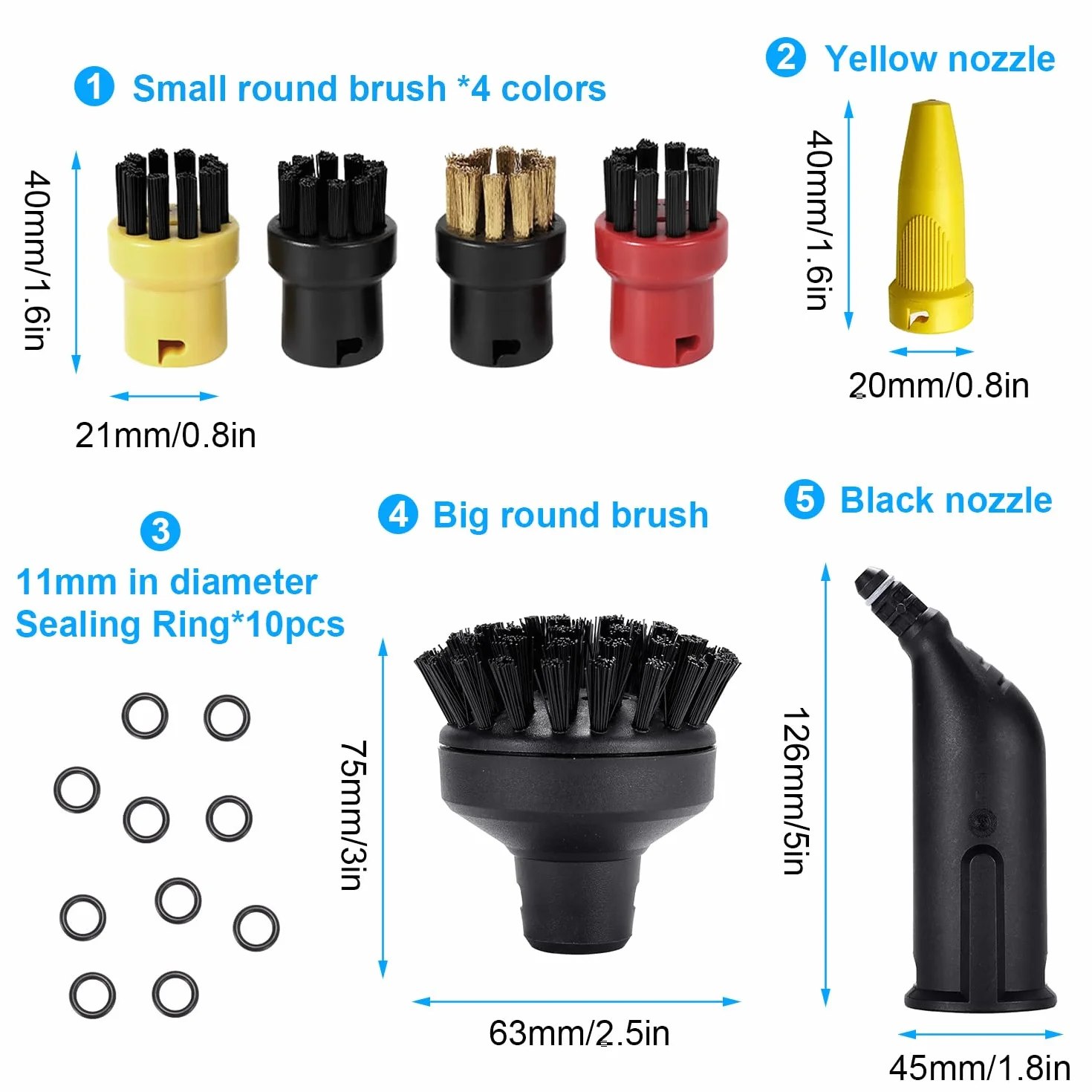 7 Pcs Accesorios Karche- Vapor, 4 Cepillos Redondos, 1Cepillo Redondo Grande y Boquilla de Jet Nozzle, para Limpiadoras a Karche-r Vapor SC1 SC2 SC3 SC4 SC5 SC7 CTK10