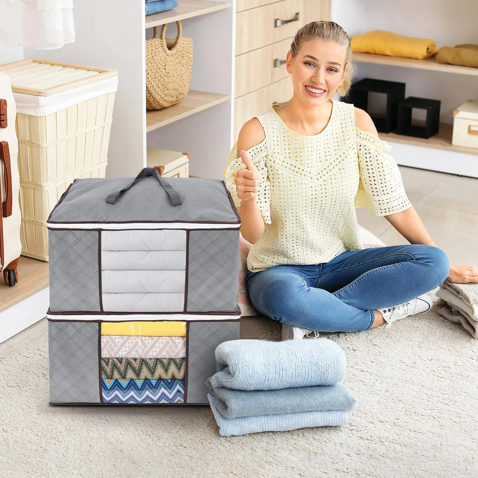 AiQInu Cajas Almacenaje Ropa, 90L Plegable Bolsa Almacenamiento de Ropa de Gran Capacidad (1pc)