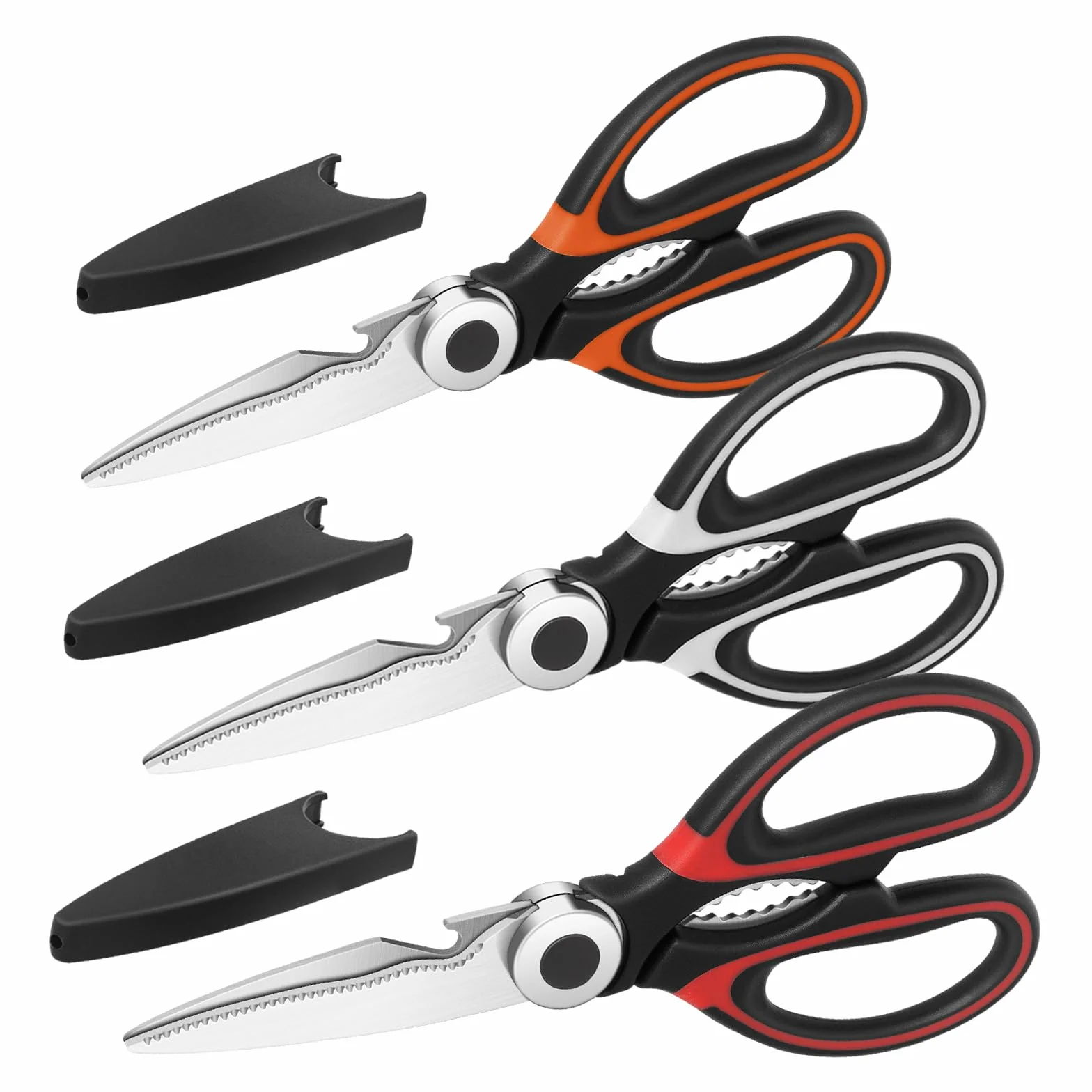 Tijeras de cocina, multiusos, resistentes, cuchillas de acero inoxidable, rojo, negro y naranja, juego de 3