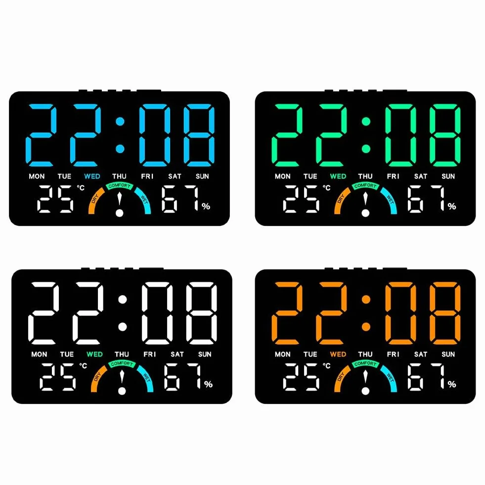 Reloj digital LED grande con indicadores de hora, humedad, temperatura, fecha, alarma y nivel de comodidad, diseñado para colgar en la pared o configuración plana (azul)