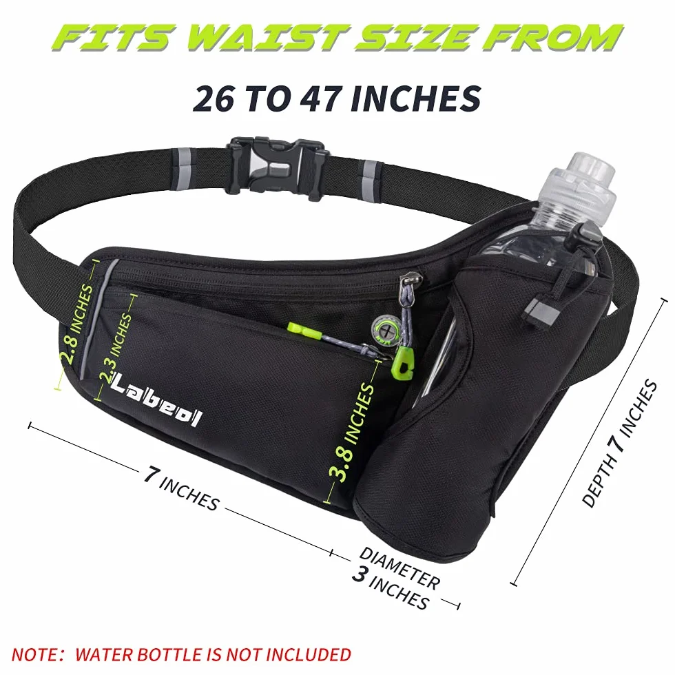 Cinturón de hidratación para correr con soporte para botella, riñonera reflectante ajustable, portabotellas, compatible con teléfono, negro