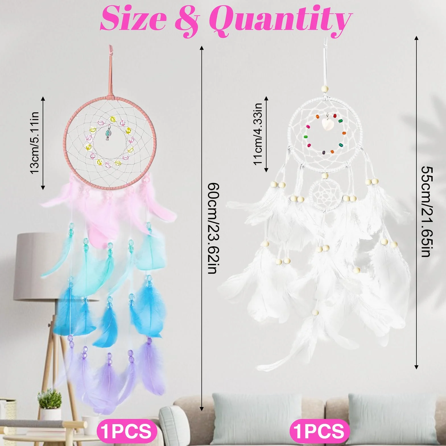 2 Piezas Atrapasueños para Niños, Dreamcatcher con Plumas Blanco y Rosa, Atrapasueños Bohemio Hecho a Mano, Atrapasueños para Colgar en la Pared, Decoración del Hogar