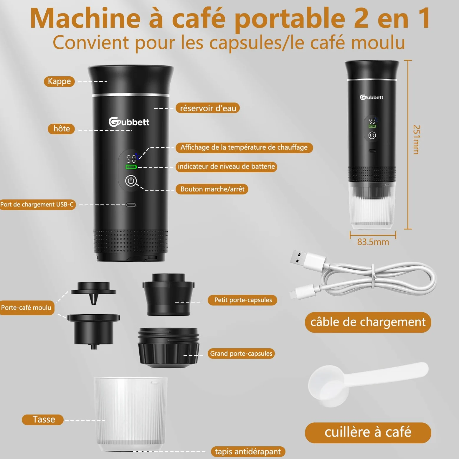 Máquina de café portátil, adecuada para casa, viajes, camping, coche | Compatible con NS/DG Cápsulas Espresso y Polvo de Café, 20Bar, Auto-Calfado de 4 a 6 Minutos, Recargable