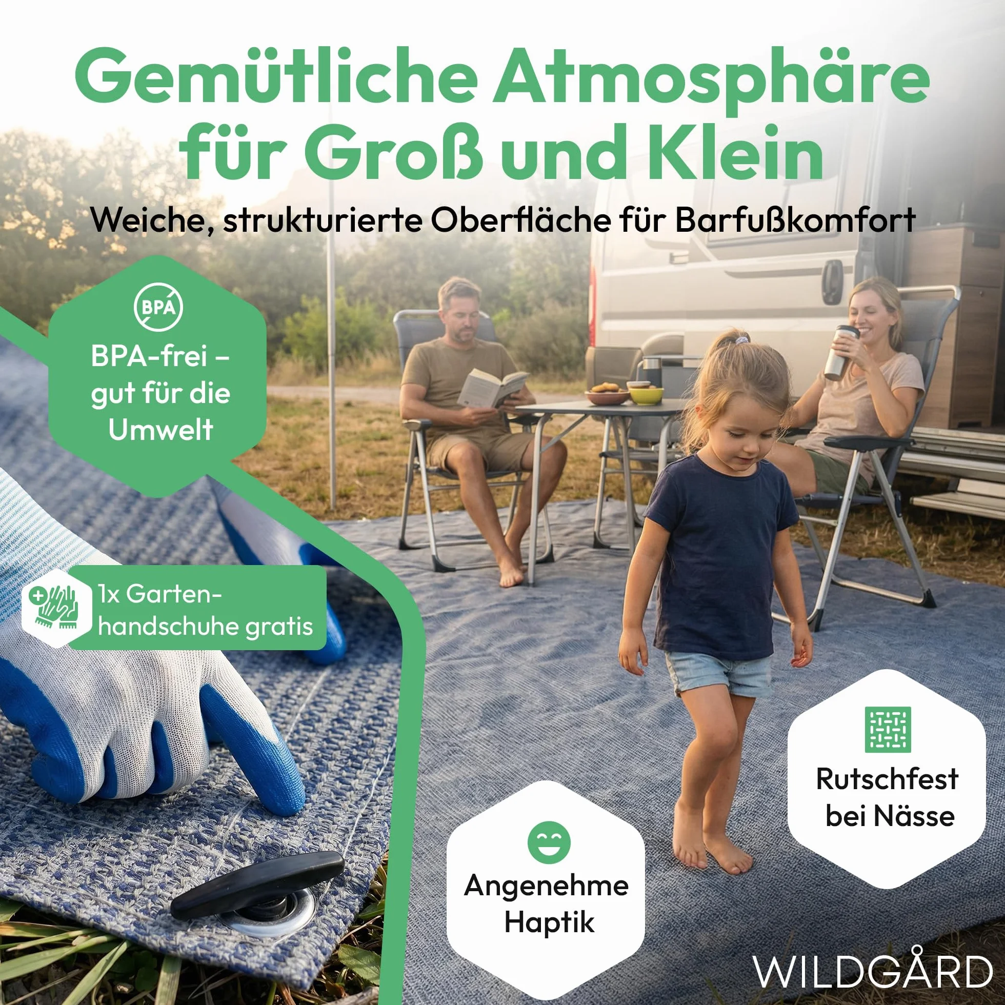 Alfombra para Exteriores Azul/Gris Varios Tamaños para Camping Caravanas con Bolsa Guantes y 8 Piquetas