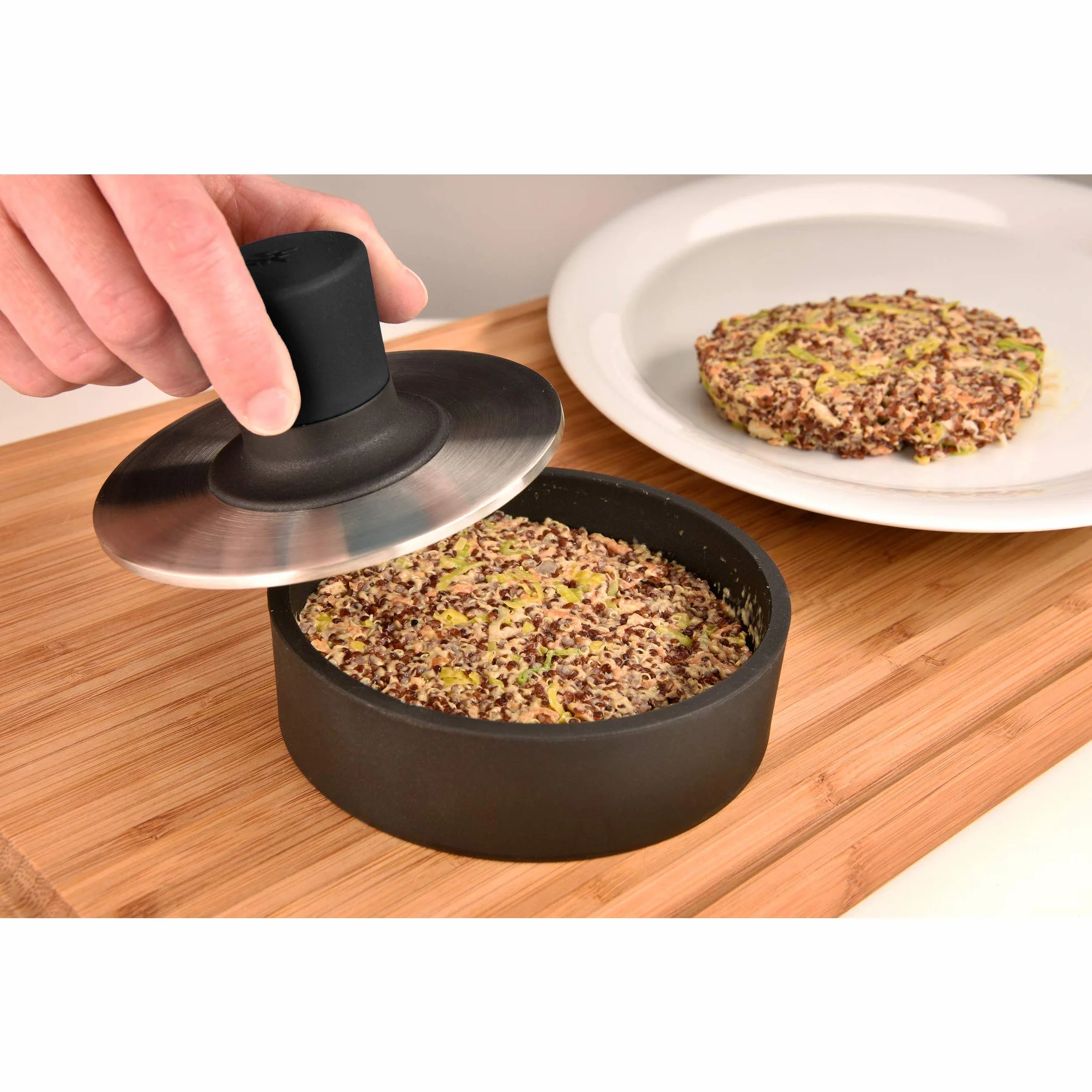 WMF BBQ - Prensa para hamburguesas de 12,5 cm, prensa uniformes para deliciosas hamburguesas,carnes y verduras, acero inoxidable cromargan 18/10, apta para lavavajillas