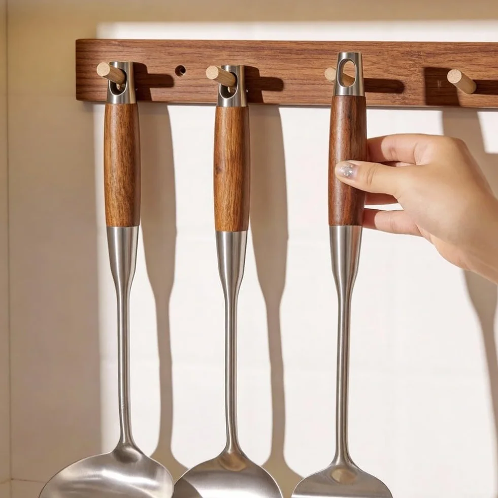 Juego de utensilios de cocina de acero inoxidable 316L, mango ergonómico de madera, espátula resistente al calor, cuchara ranurada para volteador para freír, freír, pescado