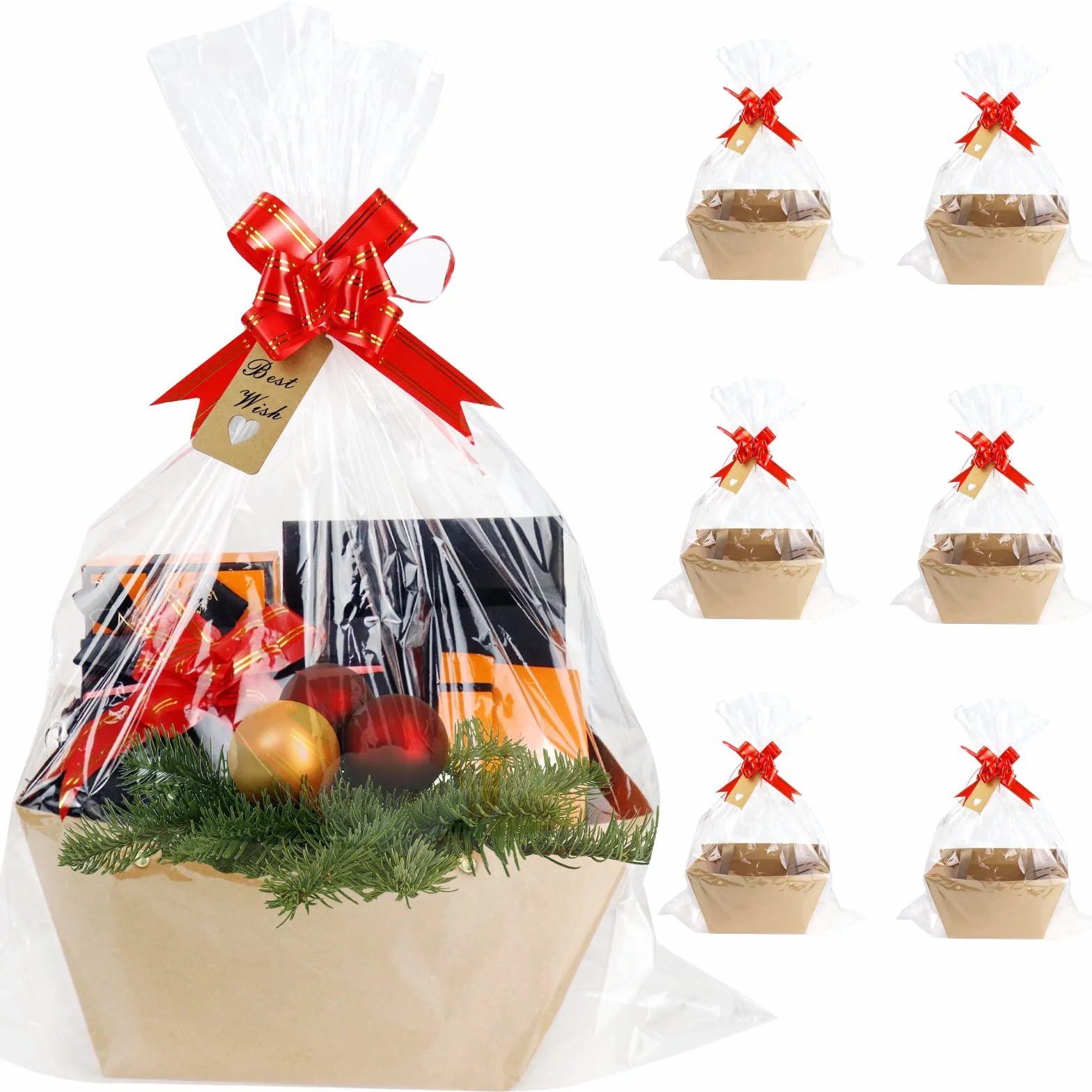 KEVTVEK Canastas más grandes vacías para regalos, paquete de 6 cestas de papel kraft resistentes con asas, 6 bolsas retráctiles, 6 lazos y etiqueta para colgar, cestas de regalo vacías para llenar