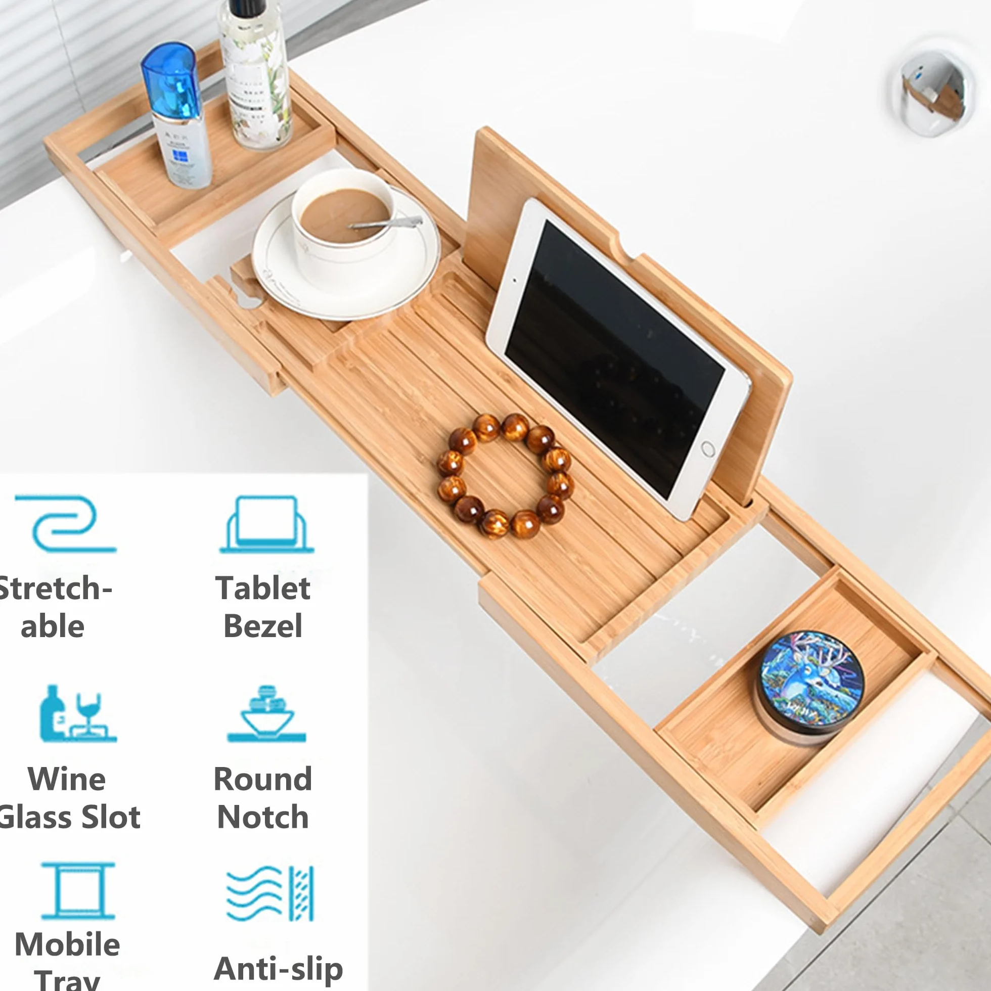 Bandejas de Baño, Bandeja para Bañera Extensible, Bandeja de Bambú para Bañera, Bandeja de Bañera de Madera con Ranura para Copas de Vino, Rejilla para Tableta y Bandeja de Bambú Extraíble