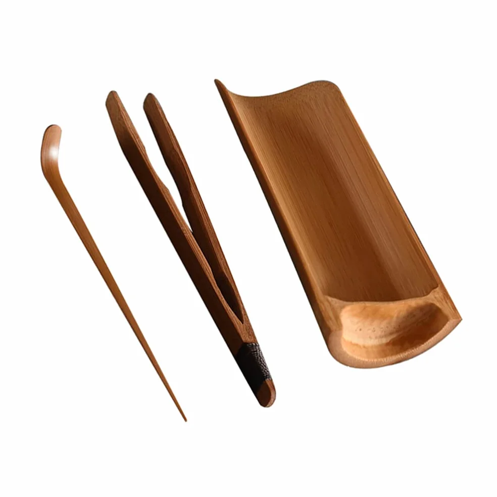 Juego de 3 utensilios para ceremonia de té, herramientas de té chino Gong Fu, juego de té Kungfu, herramientas de té de bambú natural, cuchara, pinzas para amantes del té