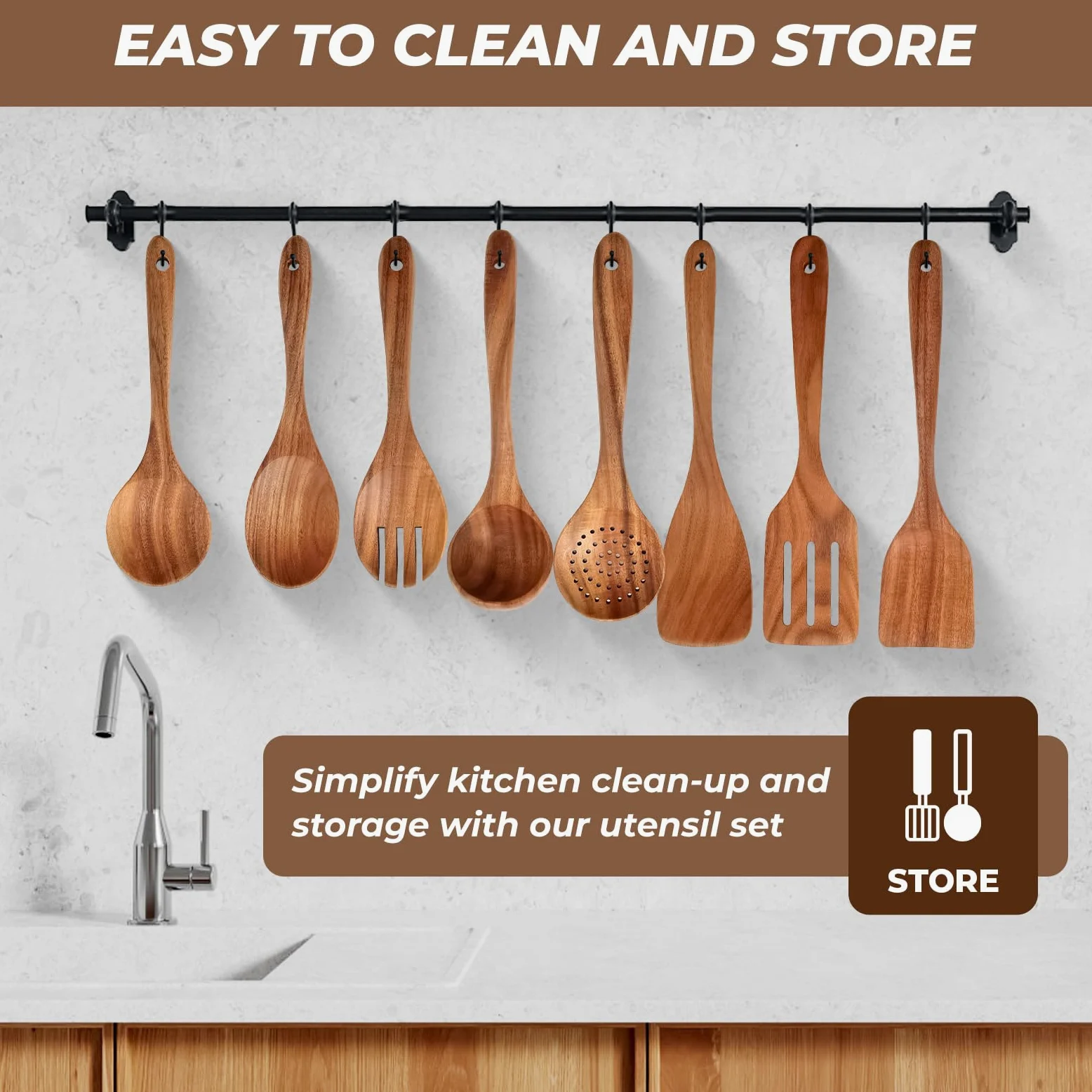 AIUHI Juego de utensilios de cocina de madera de teca, 9 cucharas de madera para cocinar, espátulas de madera para cocinar, antiadherentes, duraderas y resistentes al calor