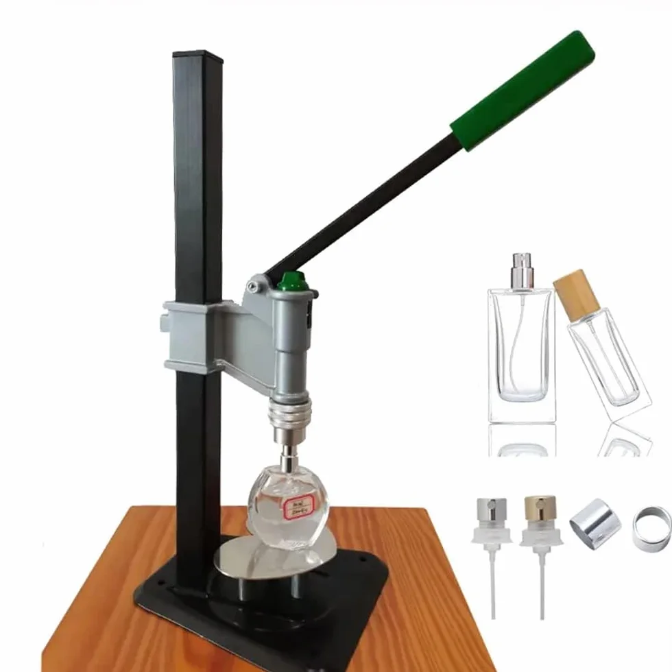 Engarzadora manual de botellas de perfume, 13-15 mm, máquina taponadora de botellas de spray con altura ajustable, máquina taponadora de prensa de acero inoxidable, máquina prensadora de botellas