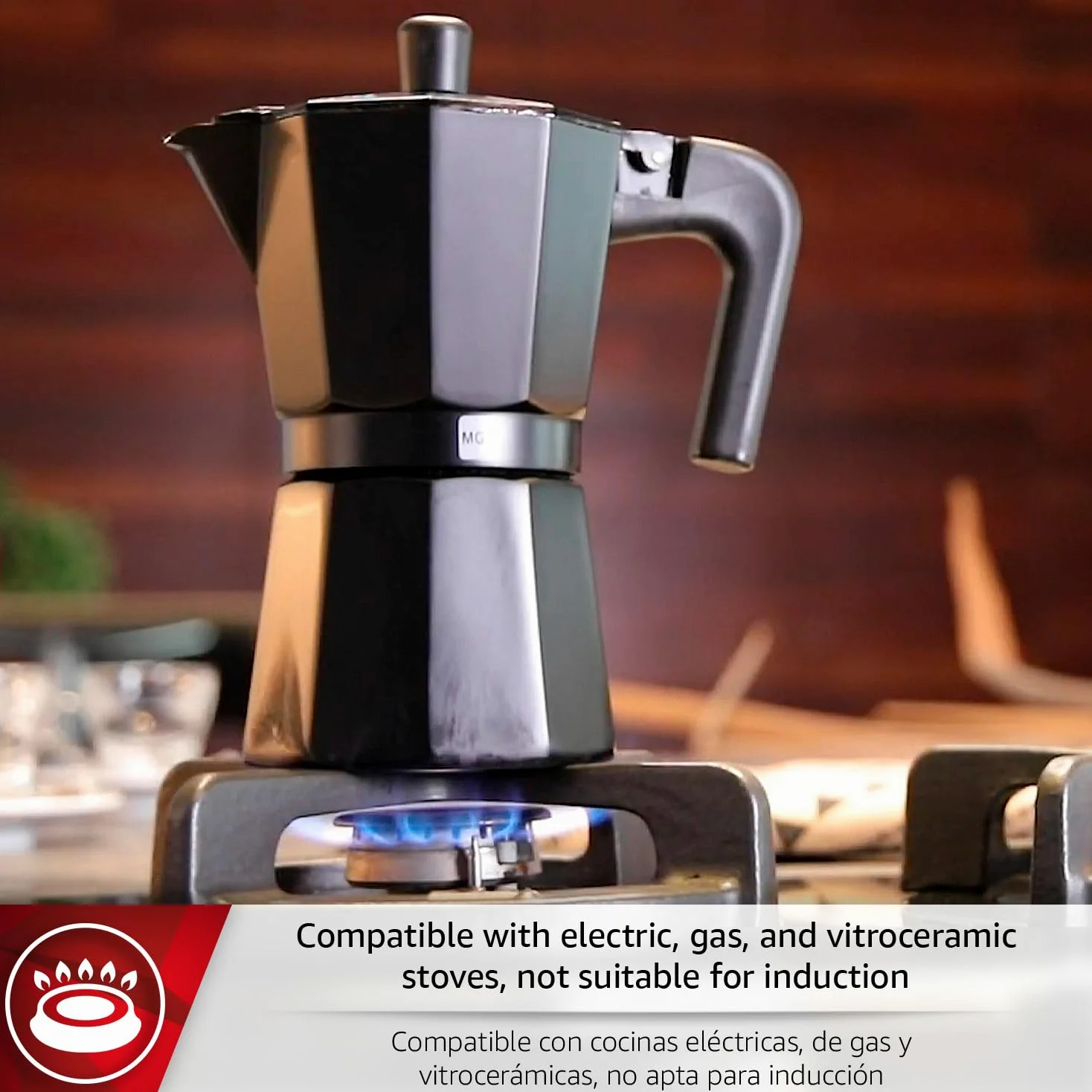 Magefesa Kenia Noir - Placa moka espresso, 3 tazas, 142 g, cafetera italiana, para café cubano, aluminio extra grueso, mango resistente al calor, segura y fácil de usar, Greca