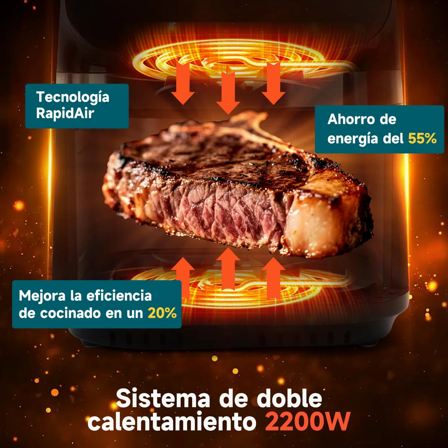 Aigostar Freidora de Aire XXL 8.8L Air Fryer 2200W, Doble Resistencia, 55% Menos Energía, Air Fryer con 13 Programas, Acero Inox Interior, Pantalla Táctil y Ventana, Comunidad Recetas, Negro