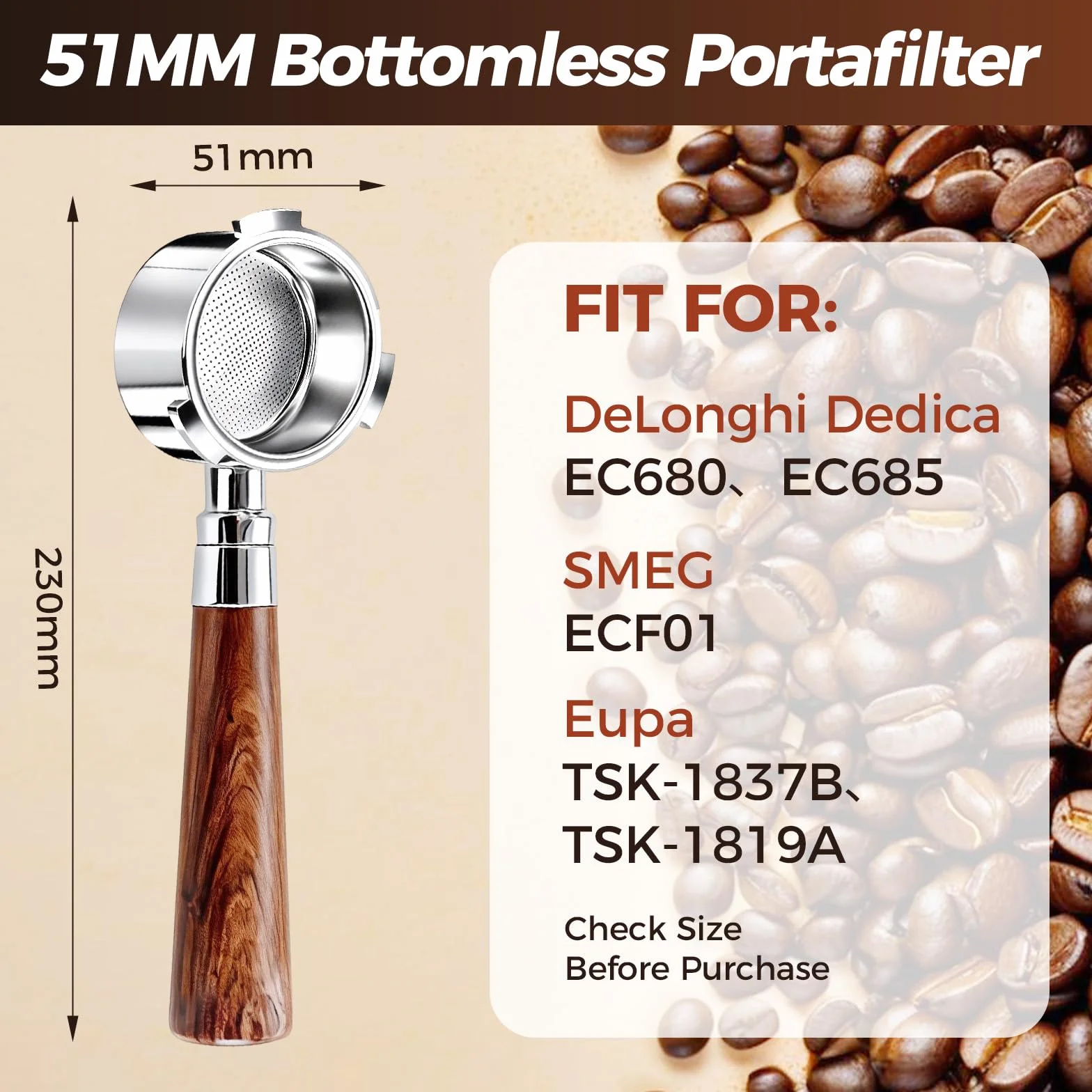 Portafiltro sin Fondo de 51 mm con 3 Orejas, Compatible con DeLonghi Dedica EC680/EC685/EC885, Portafiltros Cafe 51mm con Mango de Madera de Nogal y 2 Cestas de Filtro de Acero Inoxidable