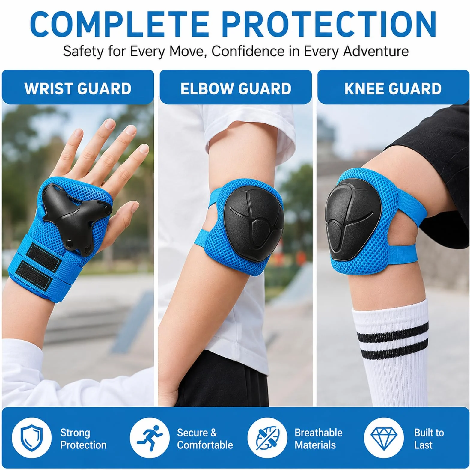 Protecciones Patines Azul Rodilleras Coderas Muñequeras Set Patinaje Ciclismo Monopatín
