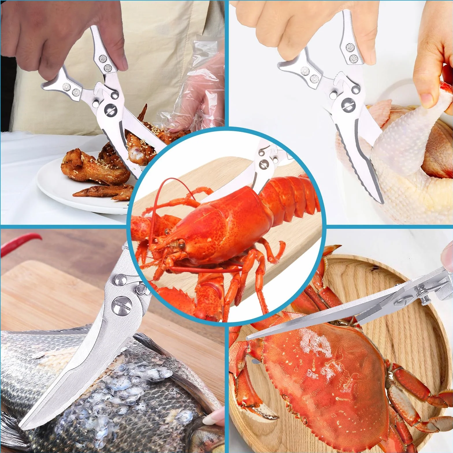 Tijeras cocina con cierre de seguridad y mecanismo de resorte para cortar carne, huesos de pollo, pescado y verduras, tijeras de acero inoxidable para huesos de pollo (KD7)