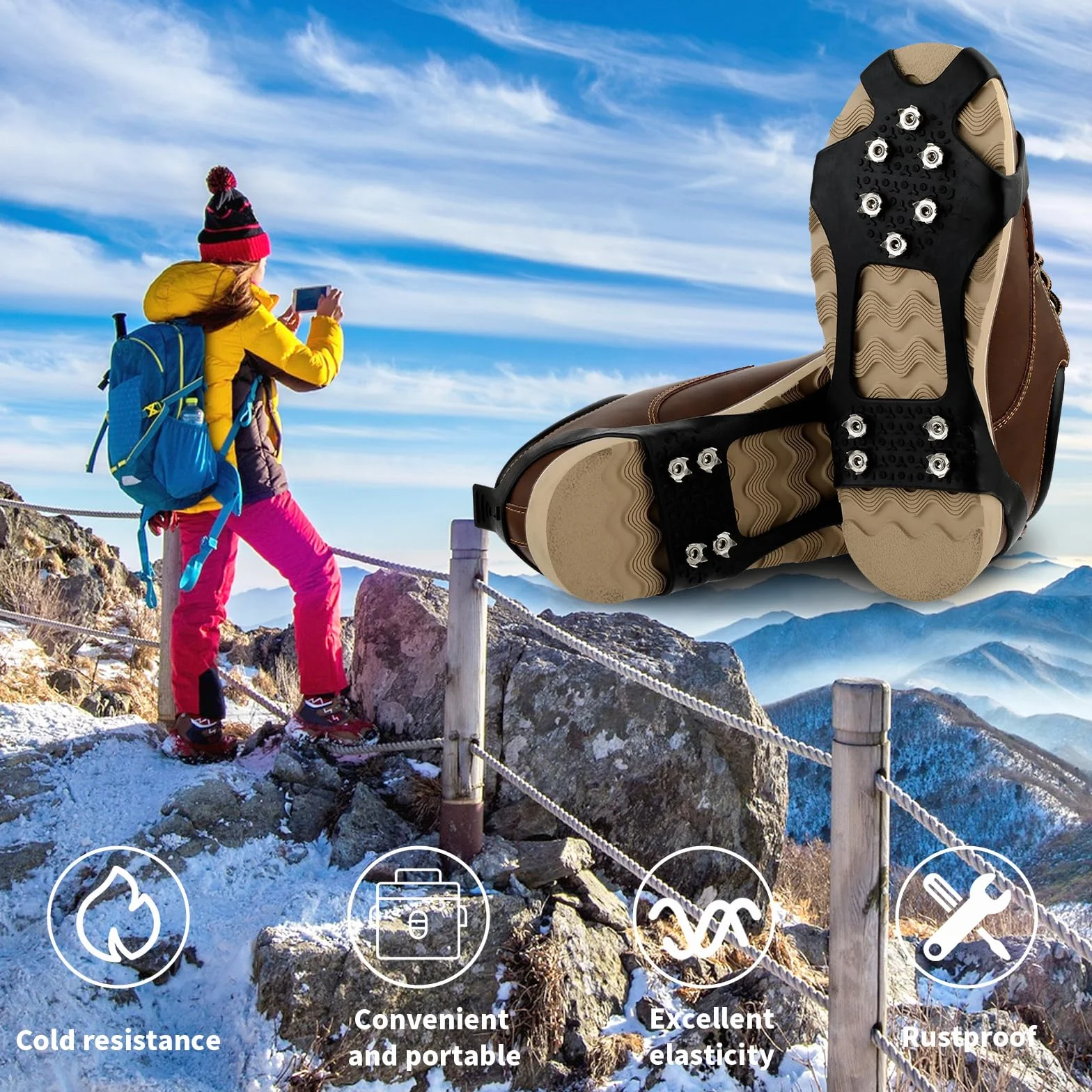 Tacos de hielo de silicona para zapatos y botas, tacos de tracción de acero inoxidable para caminar y senderismo