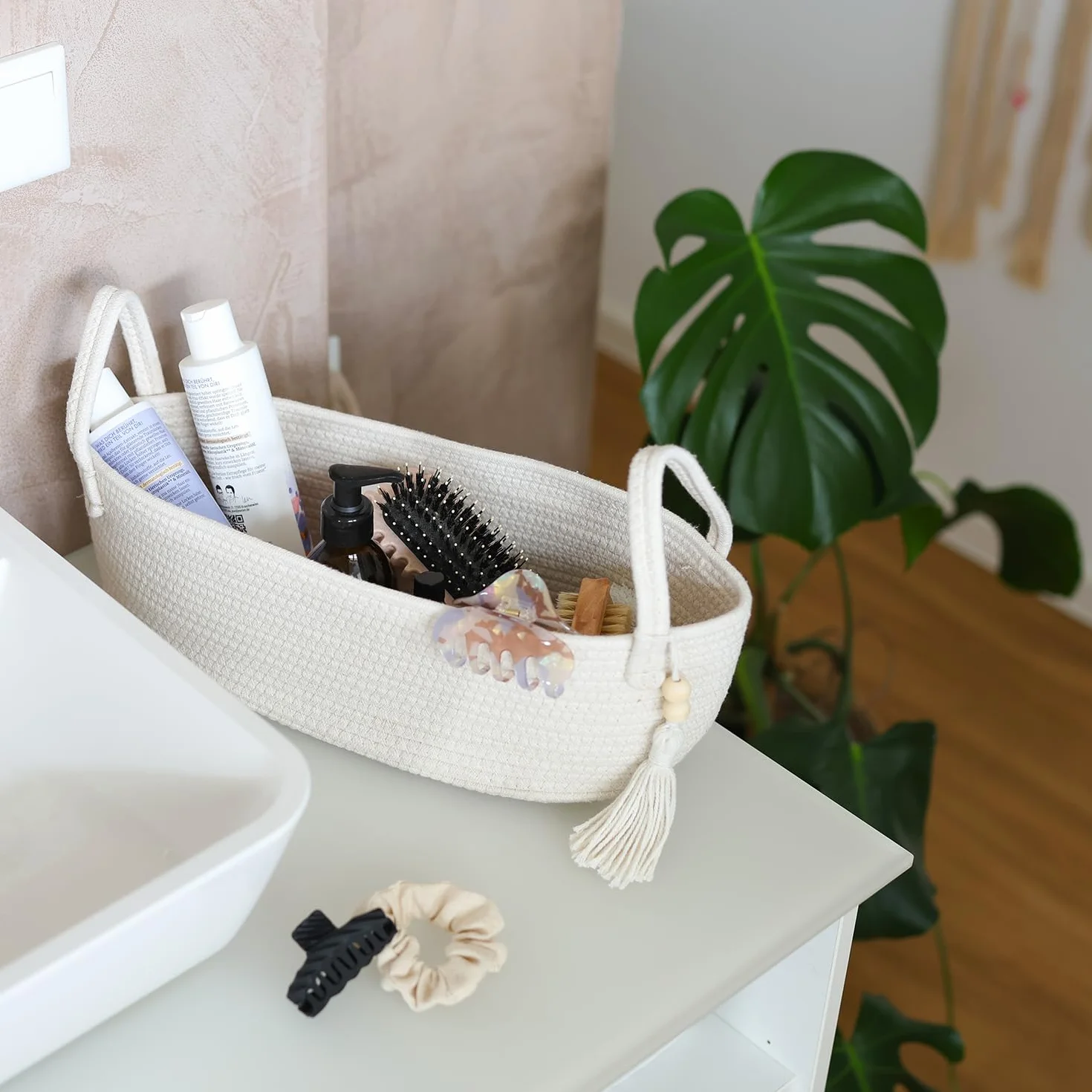 HMF Cesta de almacenamiento para baño, cesta para papel higiénico de algodón, 38,5 x 15,5 x 14 cm, color crema
