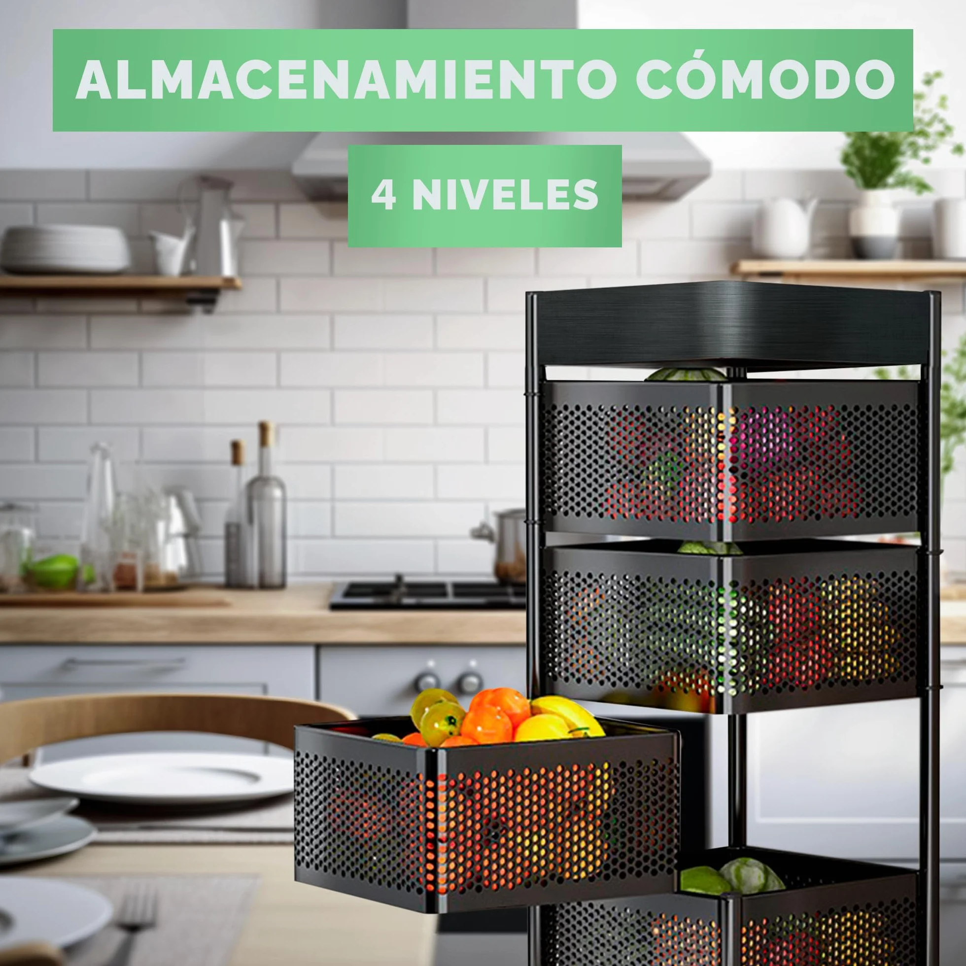 JUPPLIES Carrito Auxiliar con Ruedas - Cesta de Almacenamiento Ahorra Espacio 4 Niveles - Carrito Cocina Giratorio - Estante Cocina, Baño, Estante para Frutas y Verduras