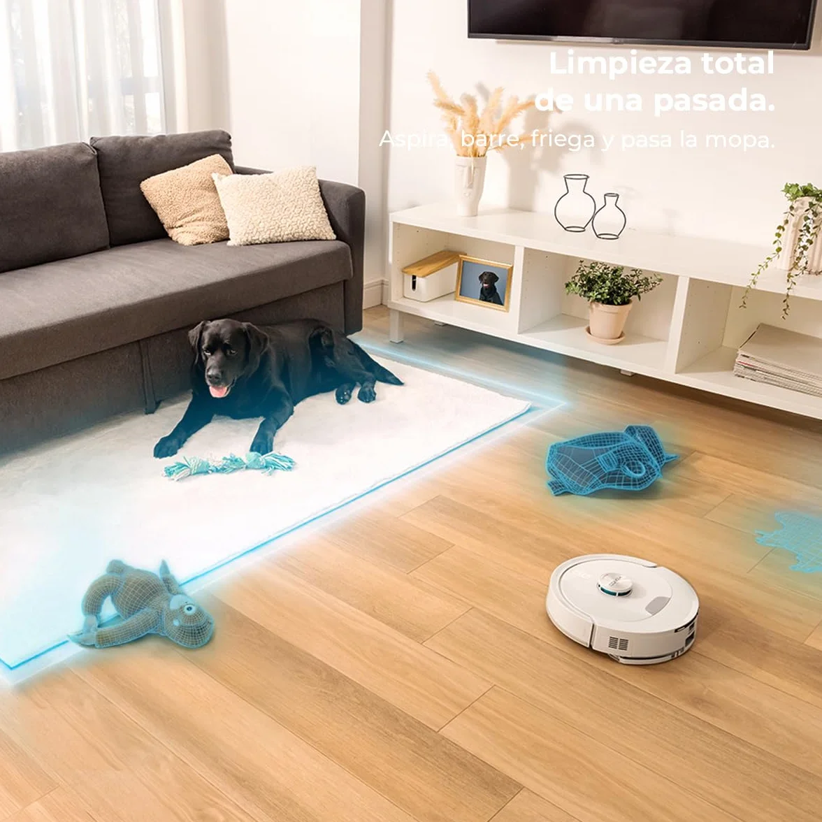 Cecotec Robot Aspirador - Base Autovaciado 3L - IA y Navegación Láser - 25000Pa - Conga Y90 Pearl. Autonomía 240mins en Modo Eco, Cepillo Silicona, Ideal Casas Mascotas, Bluetooth y WiFi, 2 Mopas