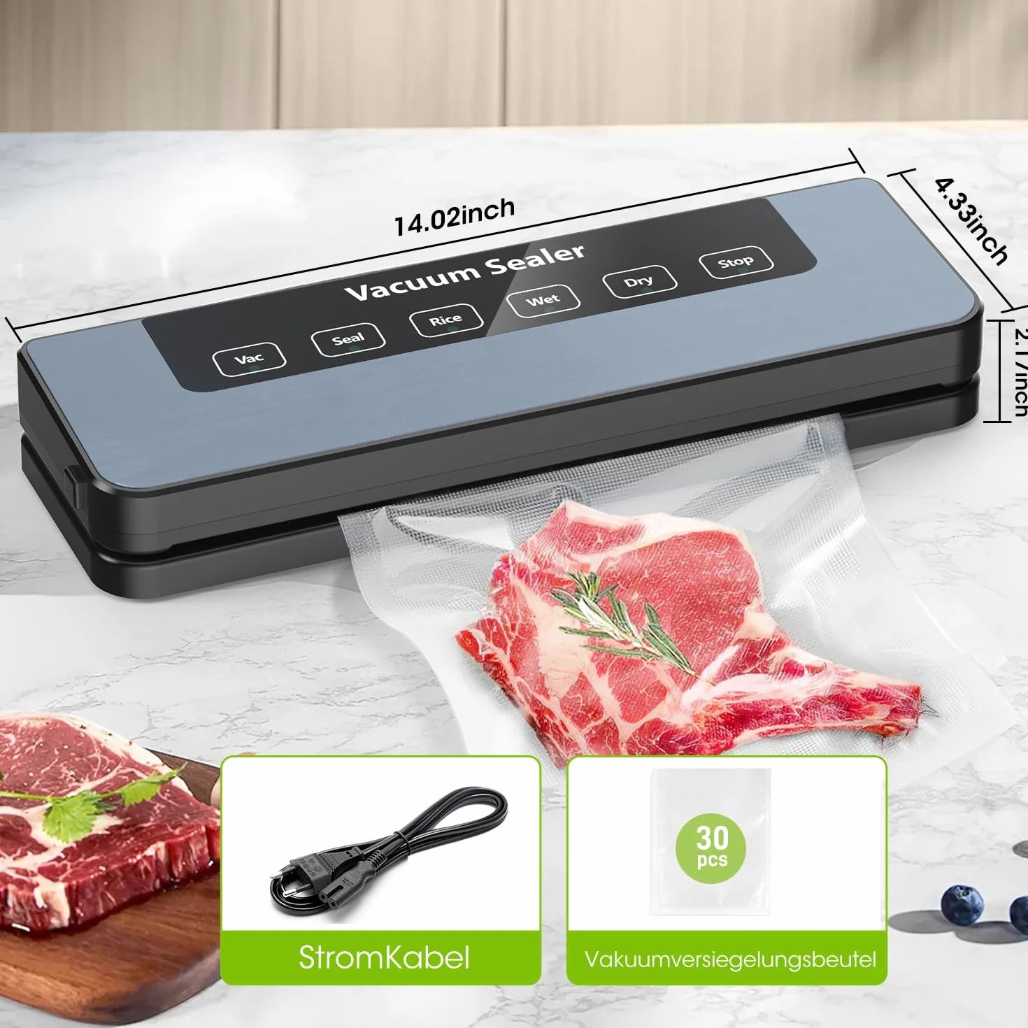 Vexloria Máquina de Vacío 65Kpa, 5 en 1 Conservación de Alimentos | Modos Seco y Húmedo | 30 Bolsas de Vacío Incluidas | Vakuumizador Profesional para Alimentos, Negro