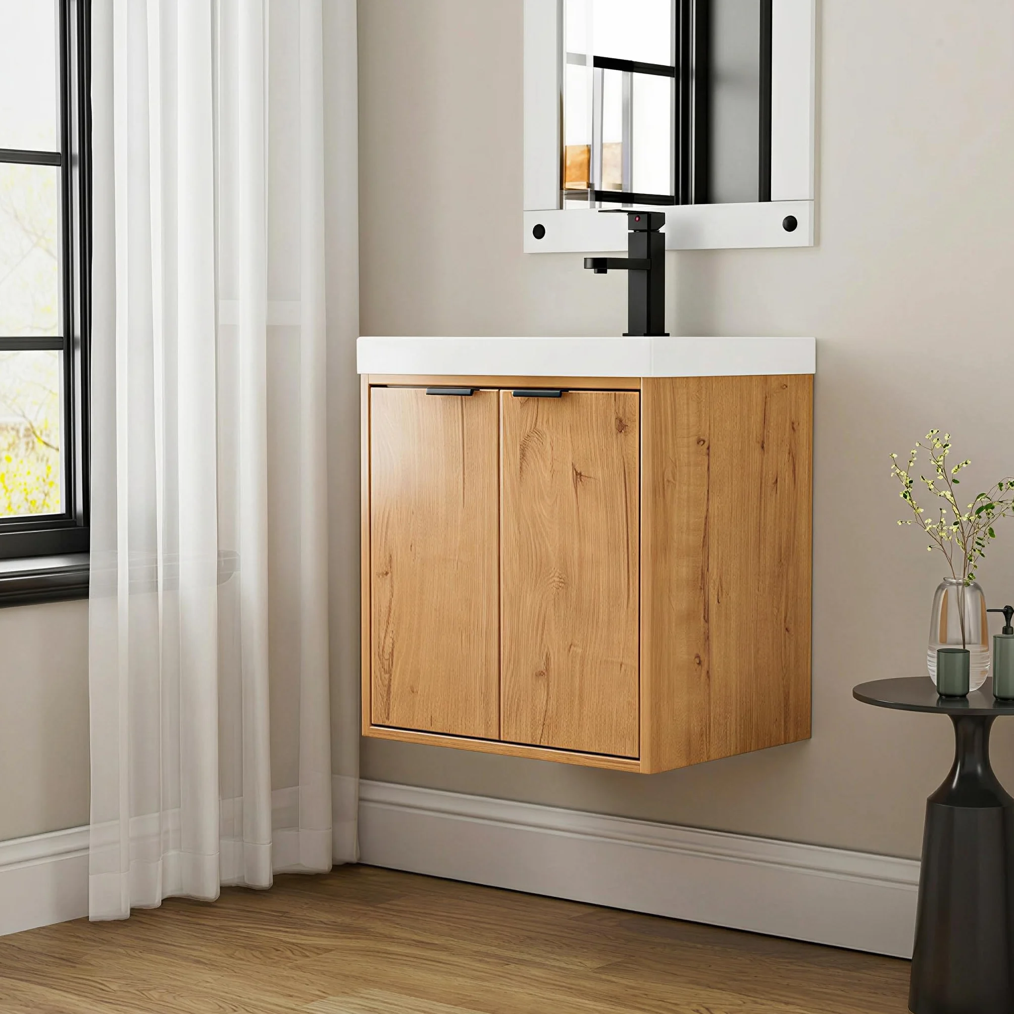 UEV Mueble de Baño con 2 Puertas y Lavabo de Resina, Mueble de Baño Suspendido con Diseño único y Práctico, Conjunto de Muebles con Motivo en Relieve, 49 x 37,5 x 50, Natural